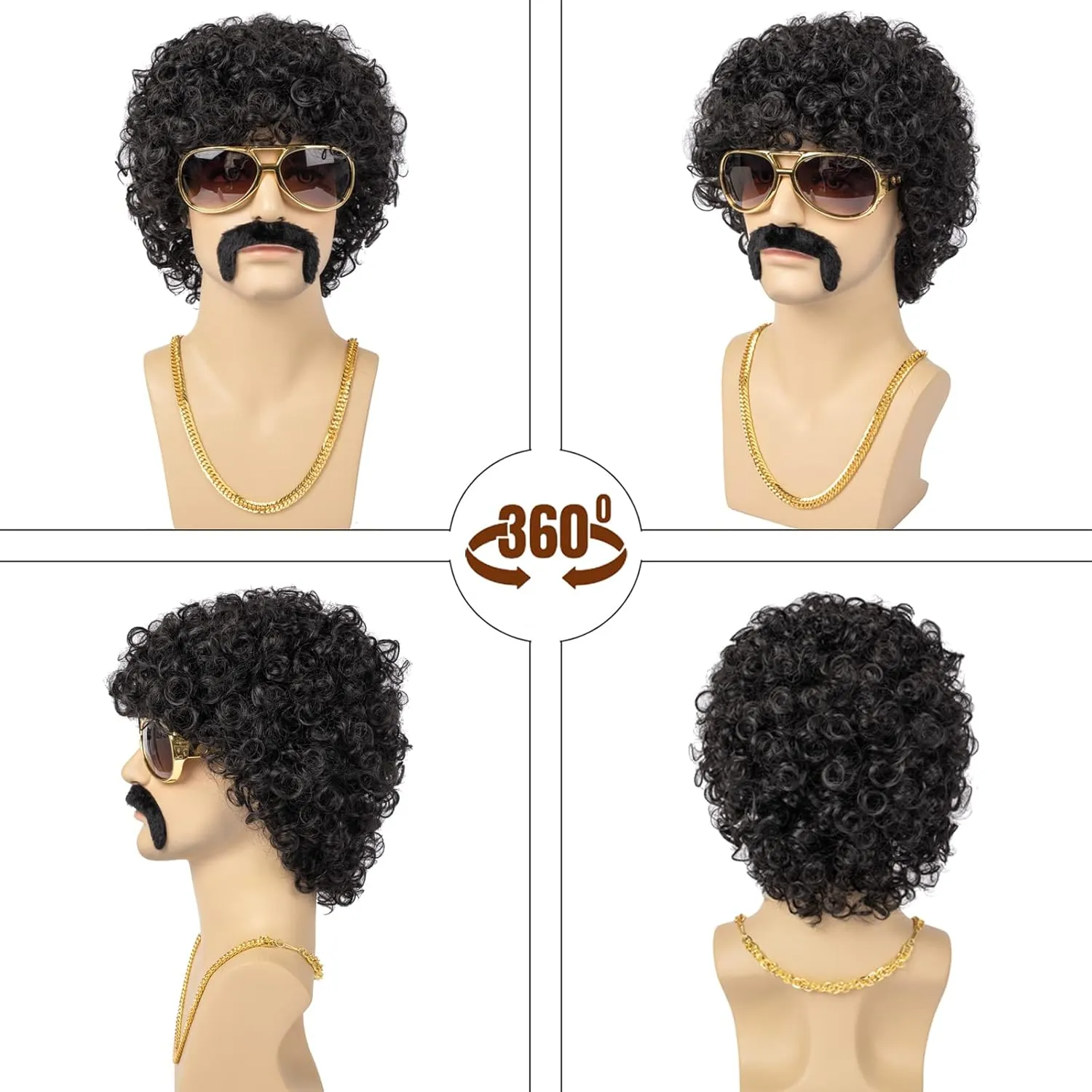 Afro Wig Men 70s Disco Costume Wig With Glasses Necklace Mustache and Wig Cap Natural Fluffy Short Black Curly Synthetic hair Wig for Halloween Chrismas Cosplay Party