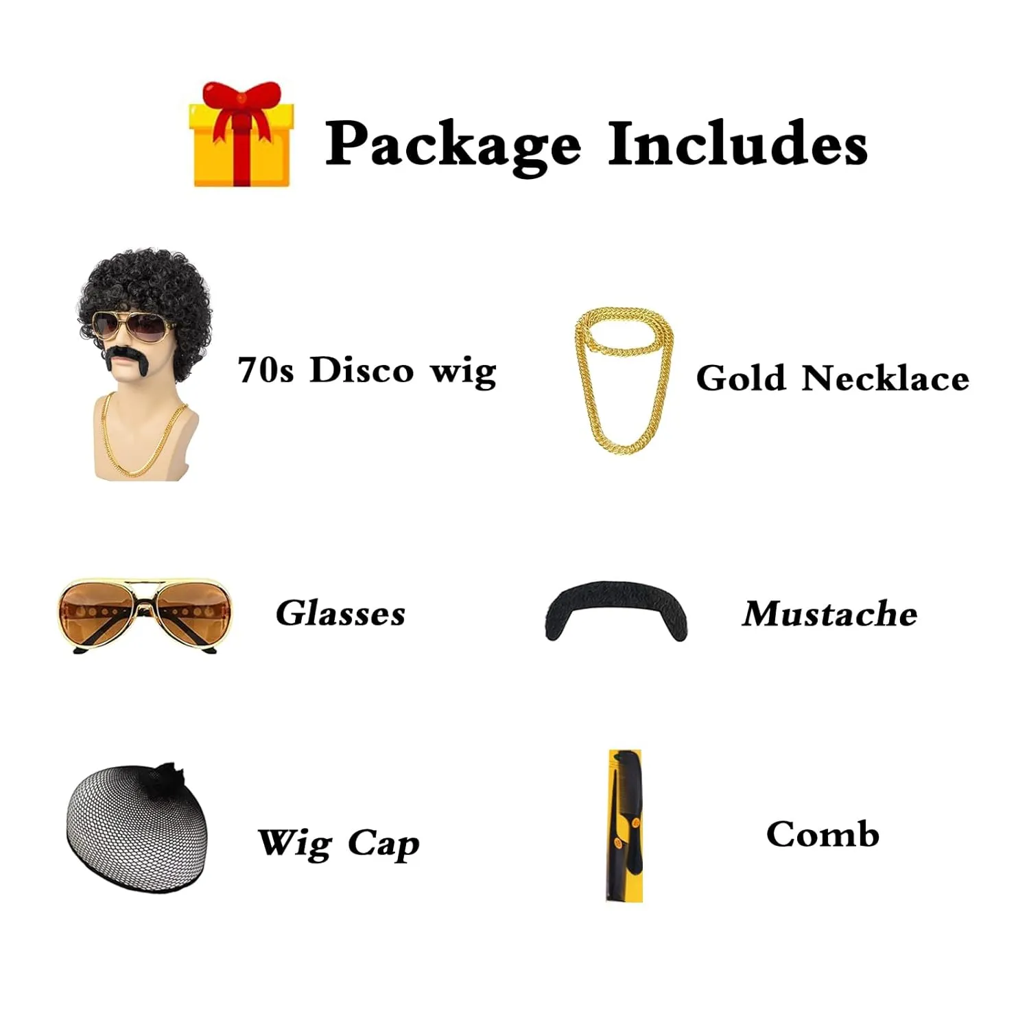 Afro Wig Men 70s Disco Costume Wig With Glasses Necklace Mustache and Wig Cap Natural Fluffy Short Black Curly Synthetic hair Wig for Halloween Chrismas Cosplay Party