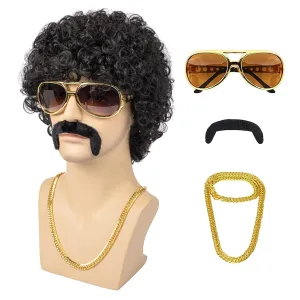 Afro Wig Men 70s Disco Costume Wig With Glasses Necklace Mustache and Wig Cap Natural Fluffy Short Black Curly Synthetic hair Wig for Halloween Chrismas Cosplay Party