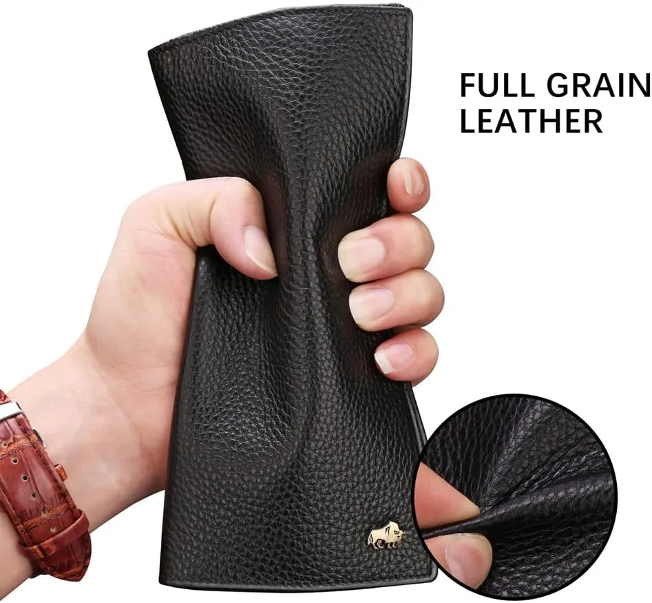 BISON DENIM RFID Bifold Wallets Slim Credit Card Wallet Real Leather Mens Long Wallet with Zipper Coin Pocket