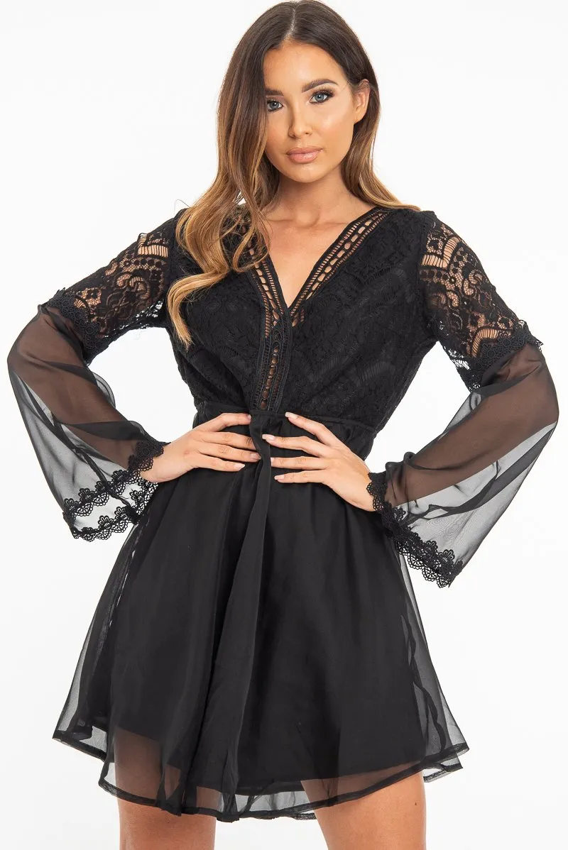 Black Lace Sheer Detail Plunge Skater Dress - Mayci