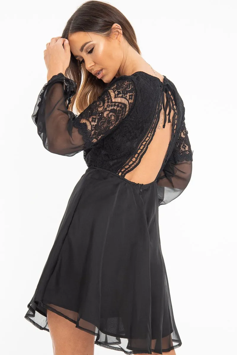 Black Lace Sheer Detail Plunge Skater Dress - Mayci