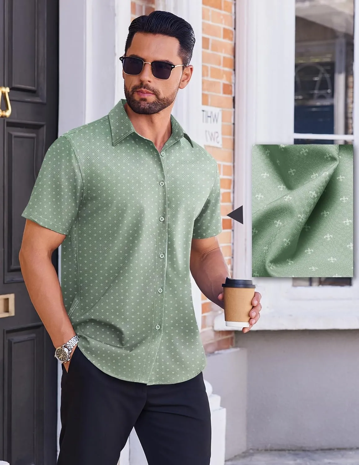 COOFANDY Mens Wrinkle Free Dress Shirt Polka Dot Short Sleeve Button Down Business Casual Shirts
