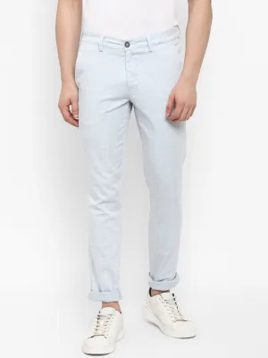 Cotton Stretch Sky Blue Checkered Narrow Fit Flat Front Casual Trouser