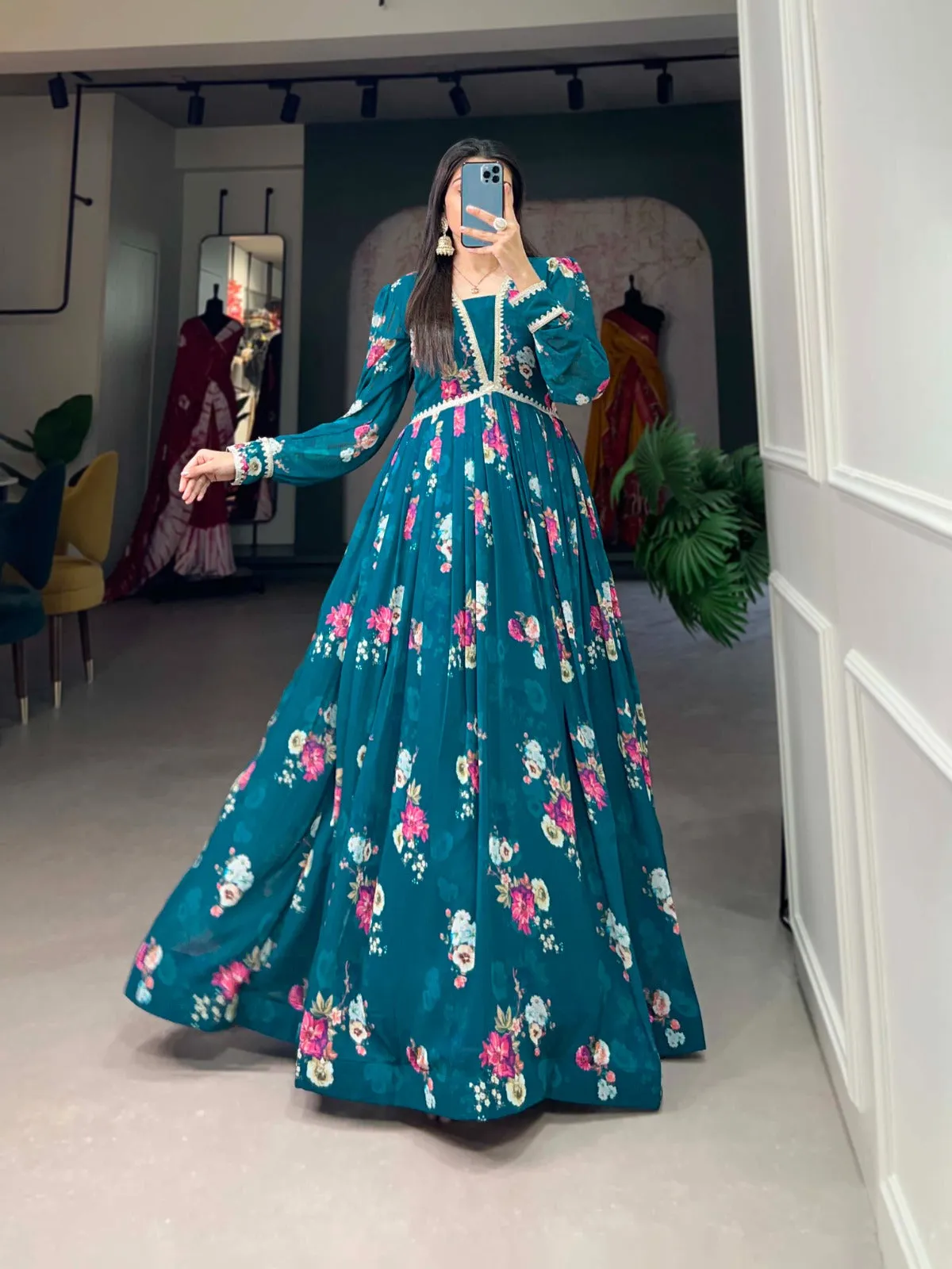 Floral Print Firozi Georgette Gown with Dupatta