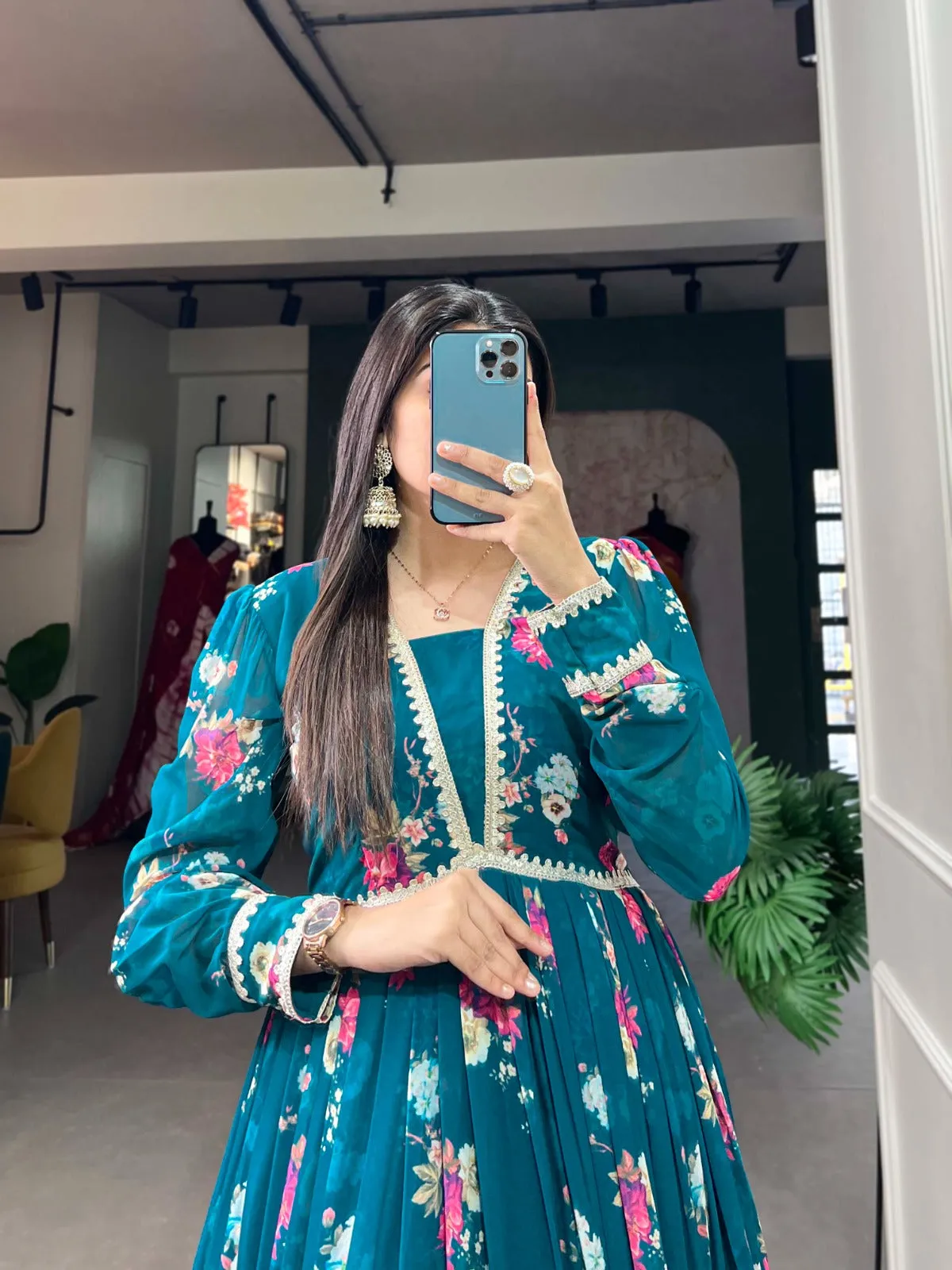 Floral Print Firozi Georgette Gown with Dupatta