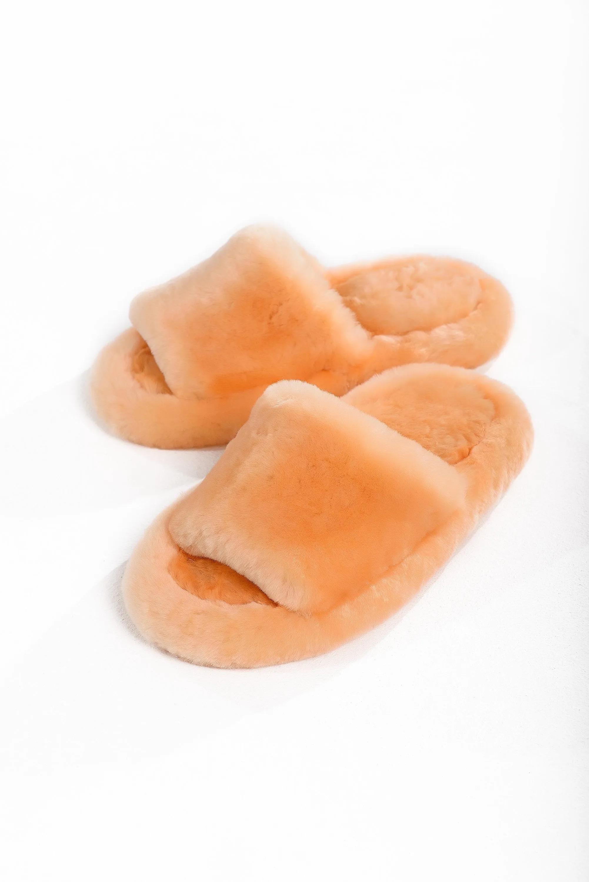 Fluffy Open Toe Sheepskin Mule Slippers for Women in Peach Color