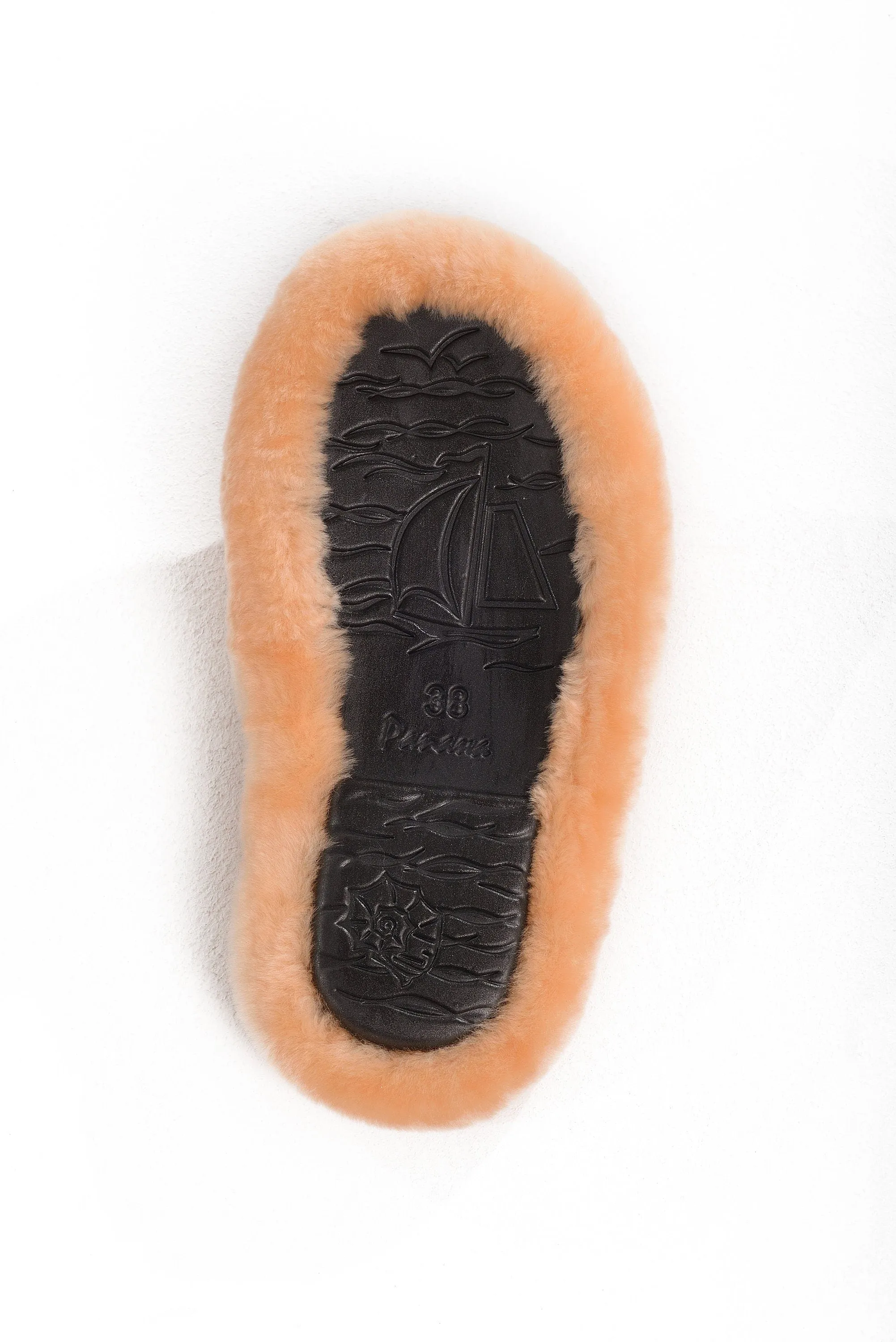 Fluffy Open Toe Sheepskin Mule Slippers for Women in Peach Color