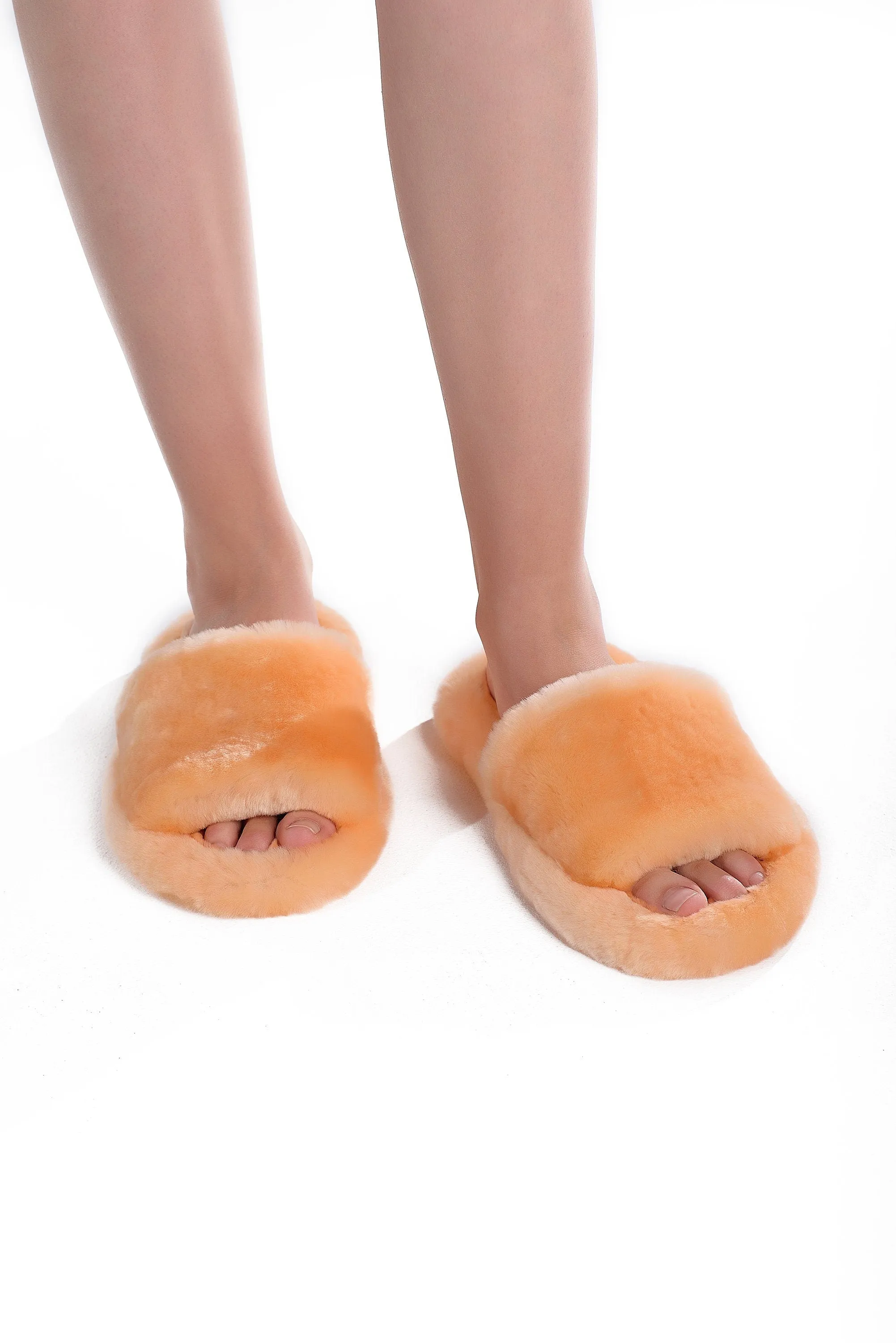 Fluffy Open Toe Sheepskin Mule Slippers for Women in Peach Color