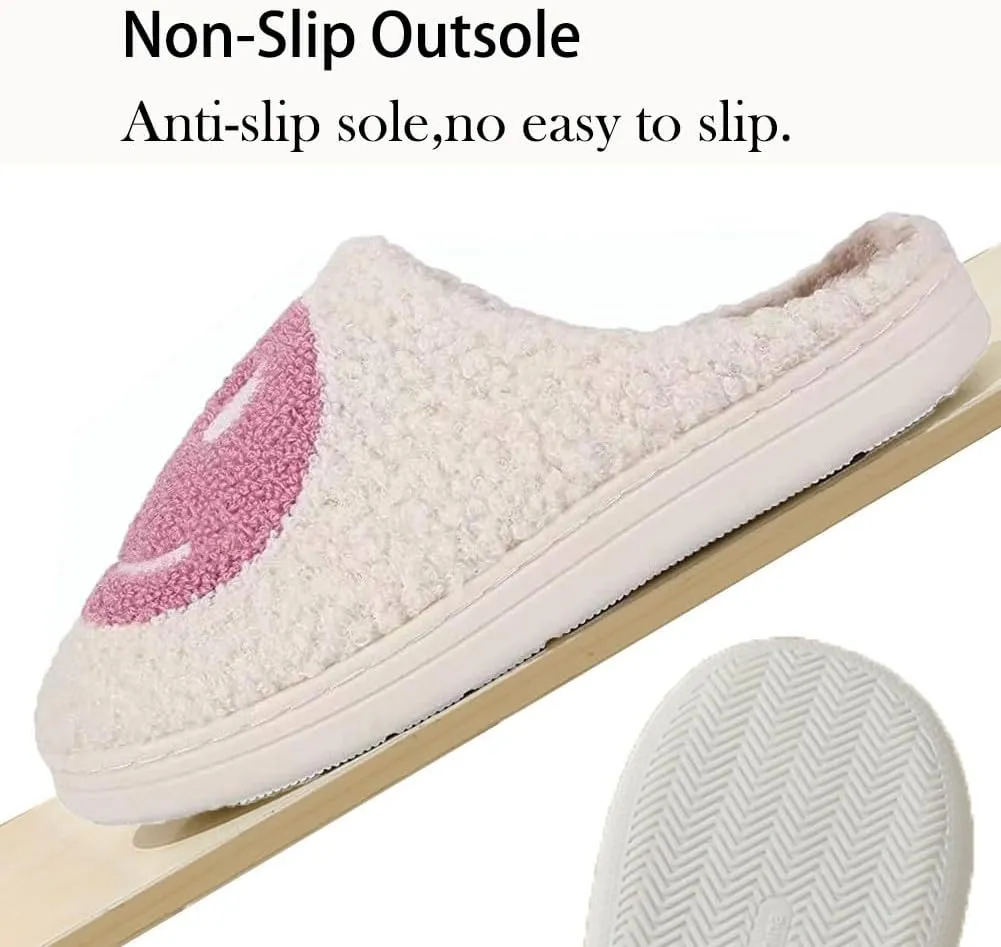 Fuzzy Slippers for Women Men, Cute Retro Fluffy Happy Face House Slippers, Plush Memory Foam Slippers for Women Indoor and Outdoor Cozy Trendy Slip-On Shoes