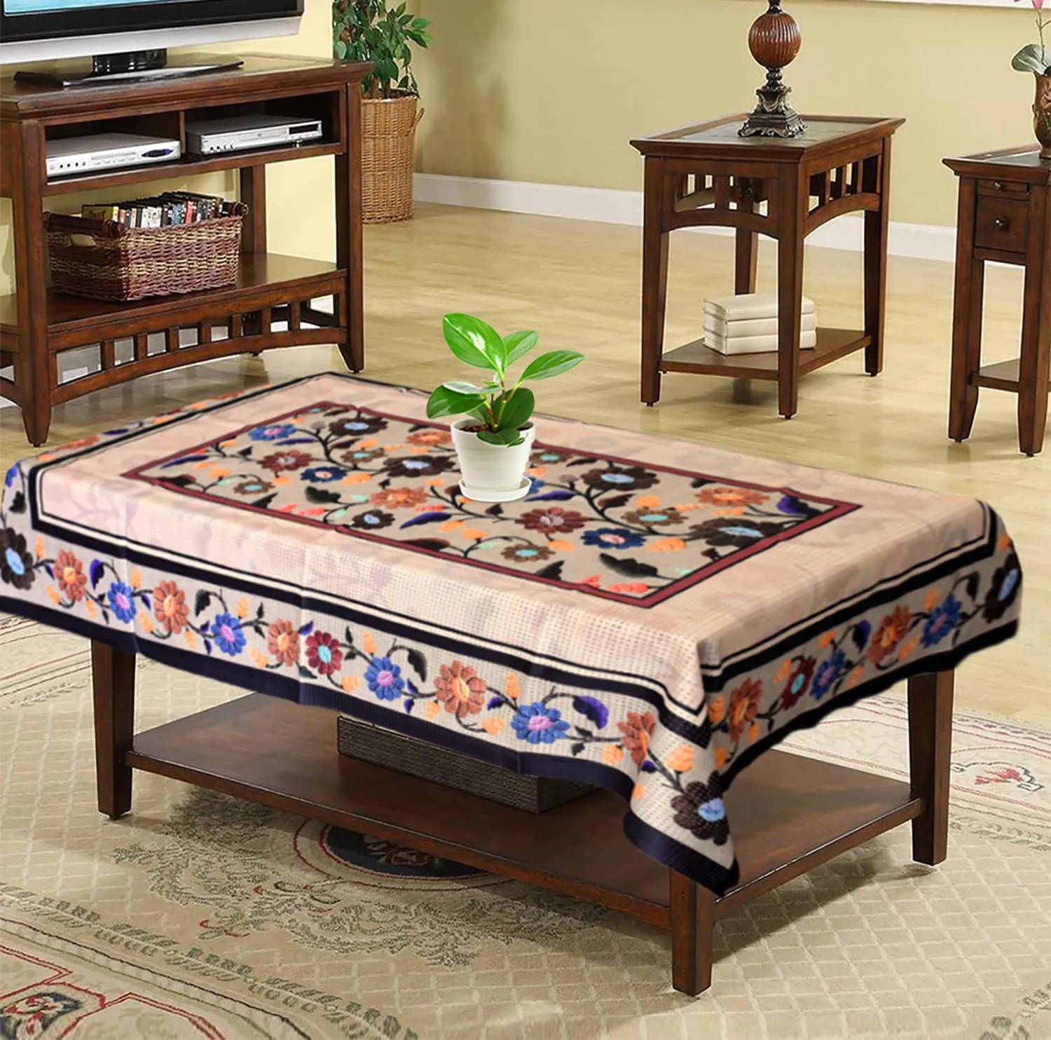 Kuber Industries Flower Printed Home Decorative Luxurious 4 Seater Cotton Center Table Cover/Table Cloth- 40"x60" (Sand)-50KM01736