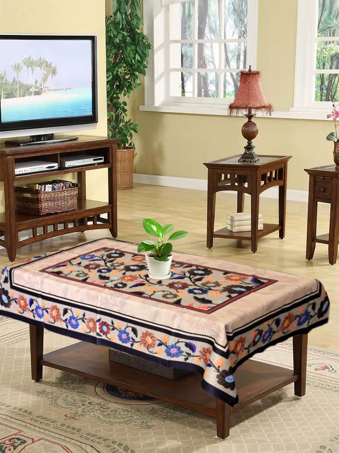 Kuber Industries Flower Printed Home Decorative Luxurious 4 Seater Cotton Center Table Cover/Table Cloth- 40"x60" (Sand)-50KM01736