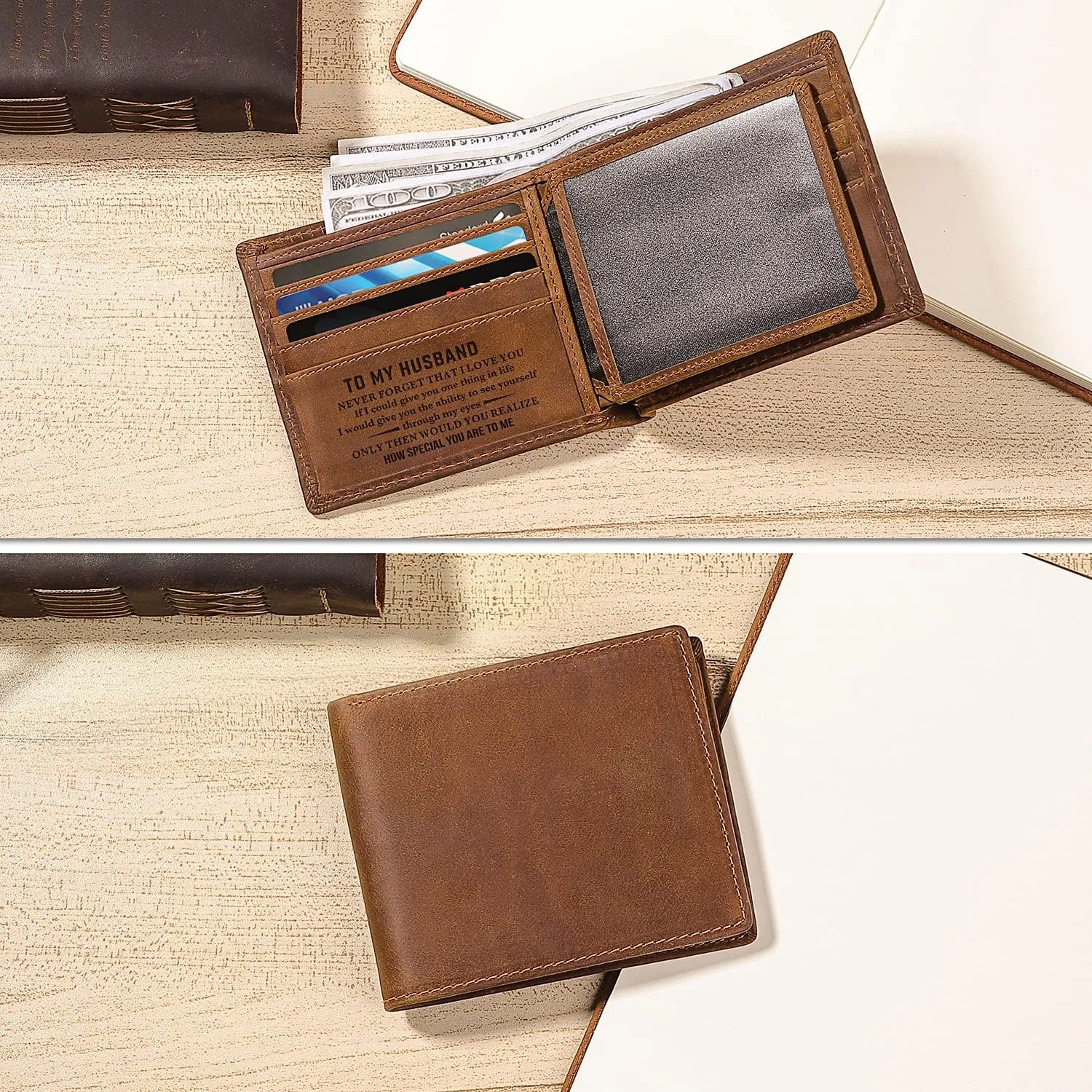 kullder Mens Wallet Engraved Leather Wallets Personalized Mens Gifts for Husband from Wife Custom Wallet for Man Anniversary Christmas Birthday gift