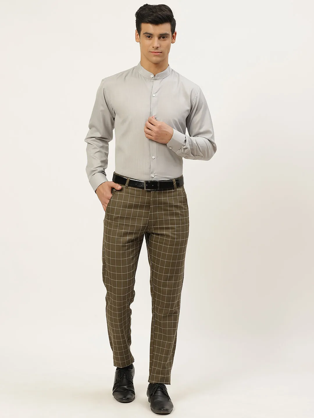Mens Cotton Linen Grey Chinese Collar Shirt - Sojanya