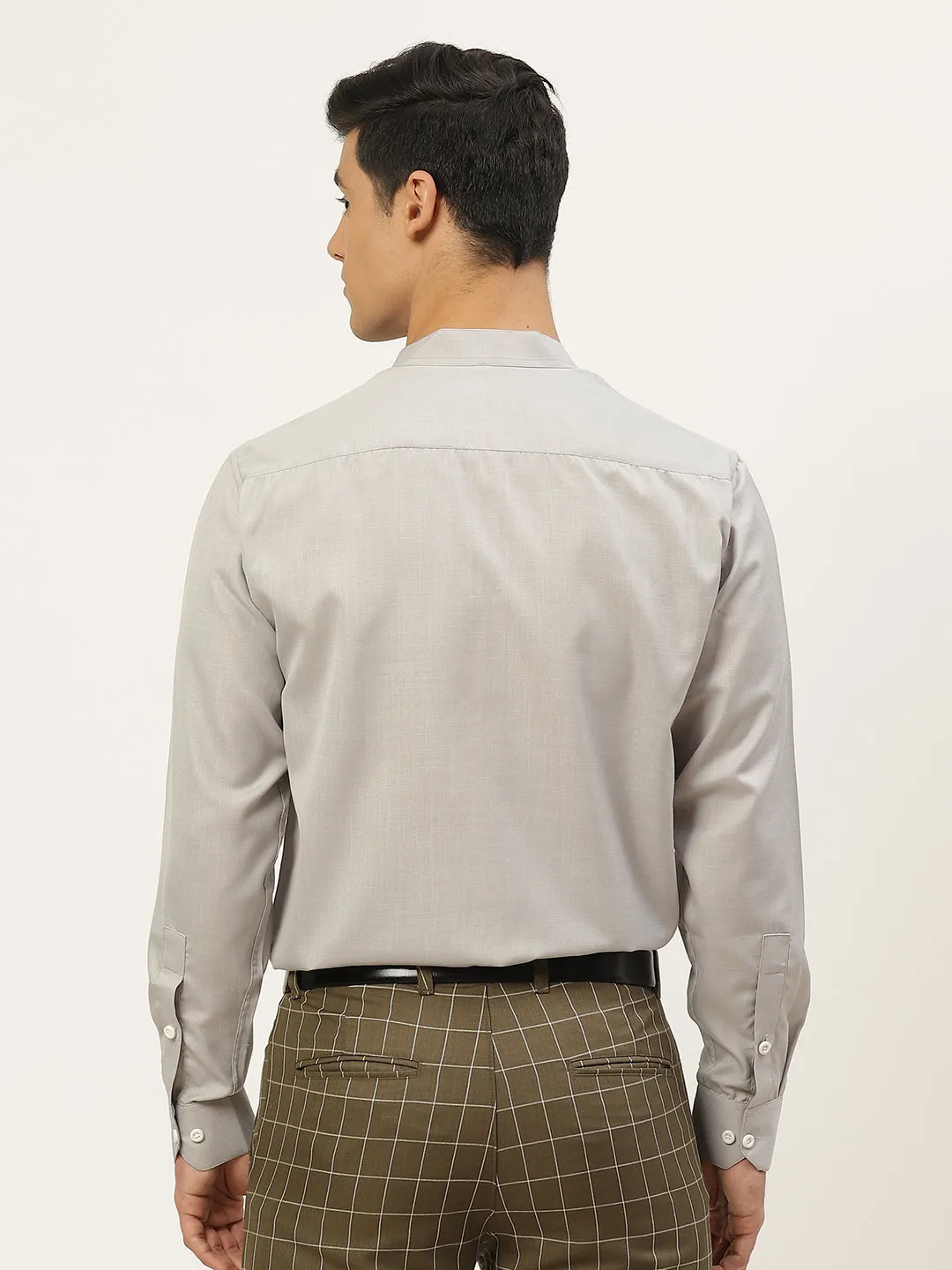 Mens Cotton Linen Grey Chinese Collar Shirt - Sojanya