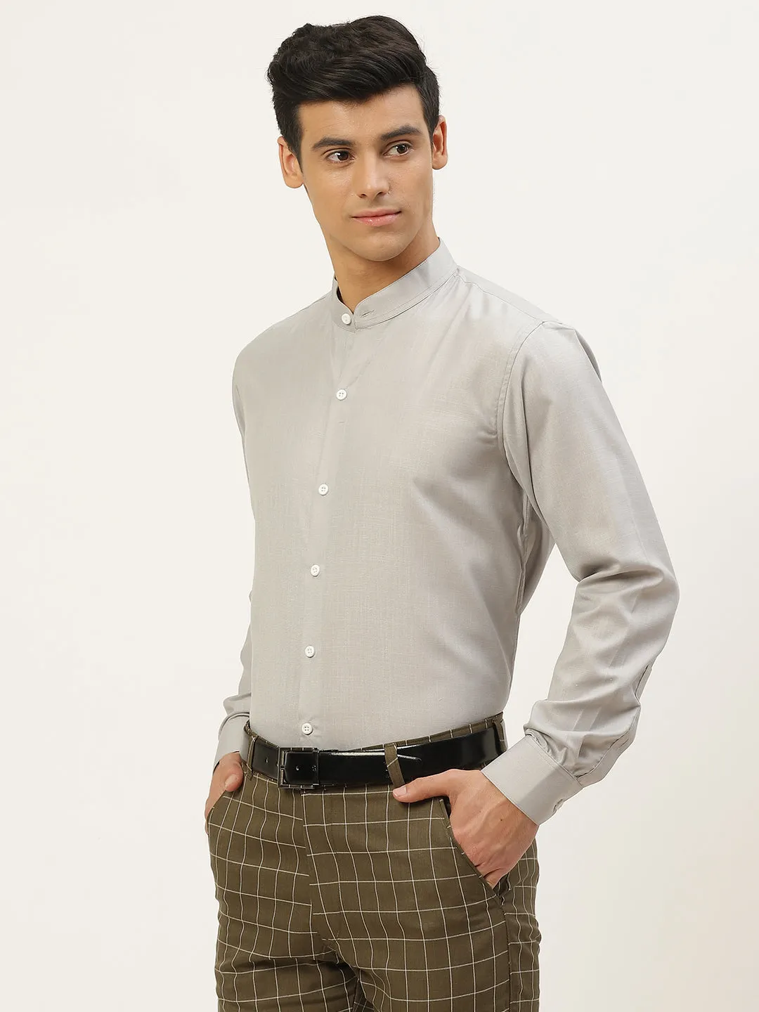 Mens Cotton Linen Grey Chinese Collar Shirt - Sojanya