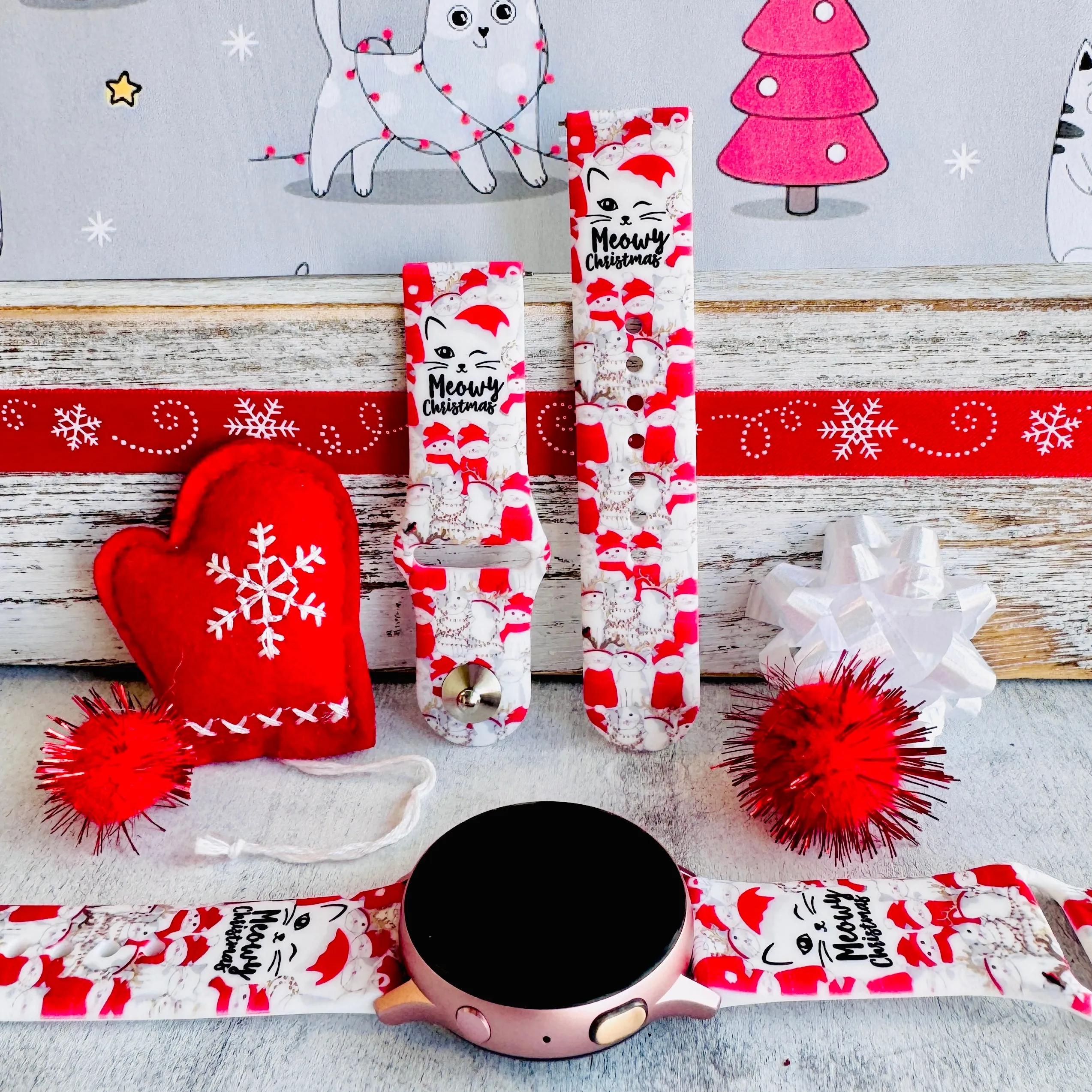 Meowy Christmas Print Silicone Band For Samsung Watch