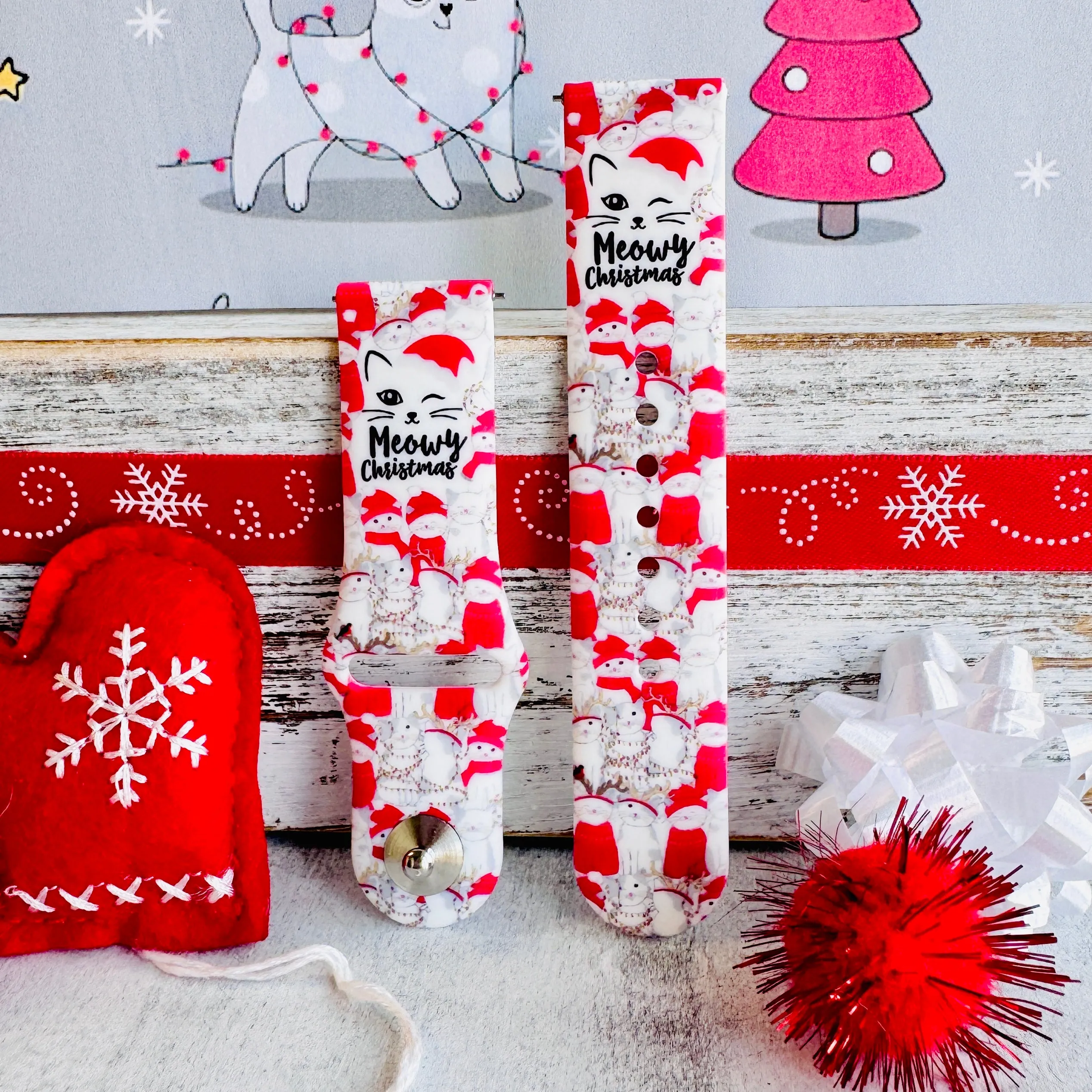 Meowy Christmas Print Silicone Band For Samsung Watch