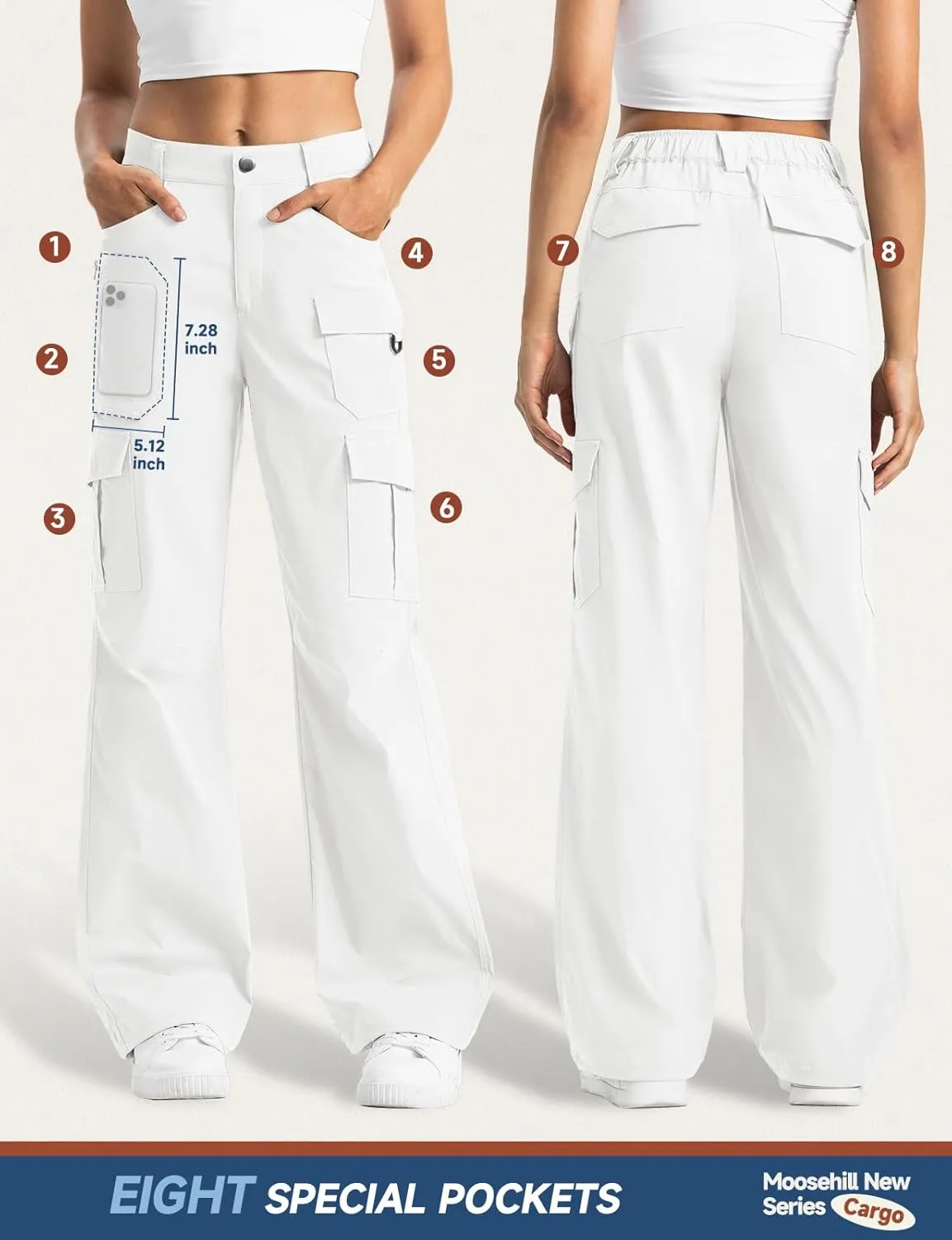 Moosehill Women's-Cargo-Hiking-Pants-High-Waisted Wide Leg Water Resistance Lightweight Stretch for Work Casual Outdoor