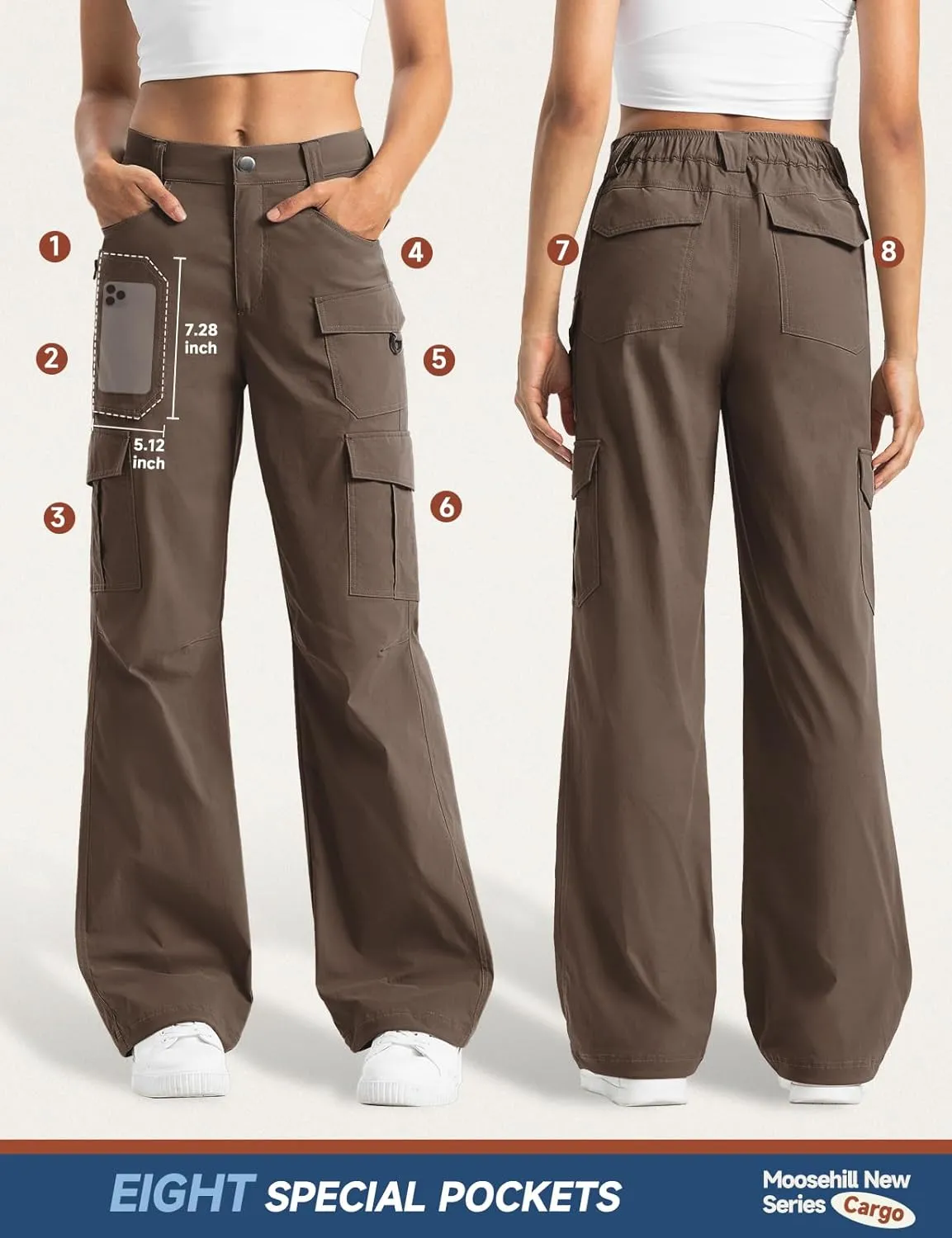 Moosehill Women's-Cargo-Hiking-Pants-High-Waisted Wide Leg Water Resistance Lightweight Stretch for Work Casual Outdoor
