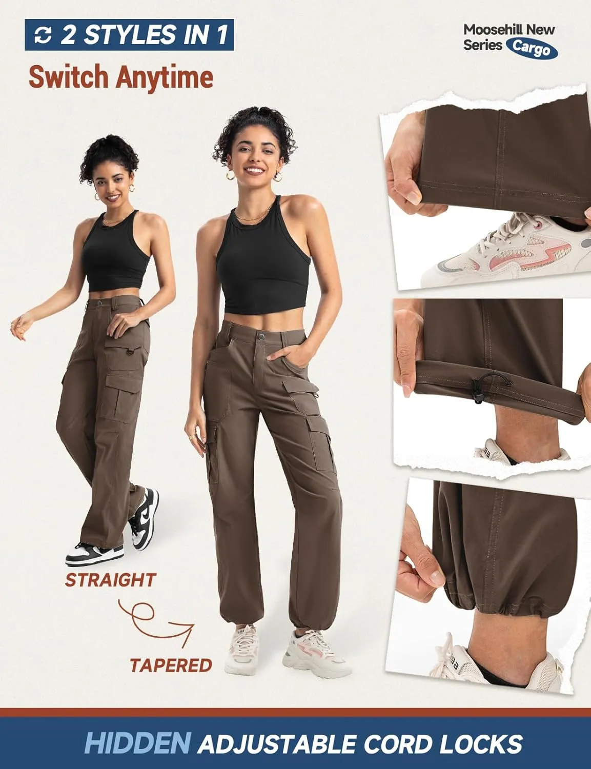 Moosehill Women's-Cargo-Hiking-Pants-High-Waisted Wide Leg Water Resistance Lightweight Stretch for Work Casual Outdoor