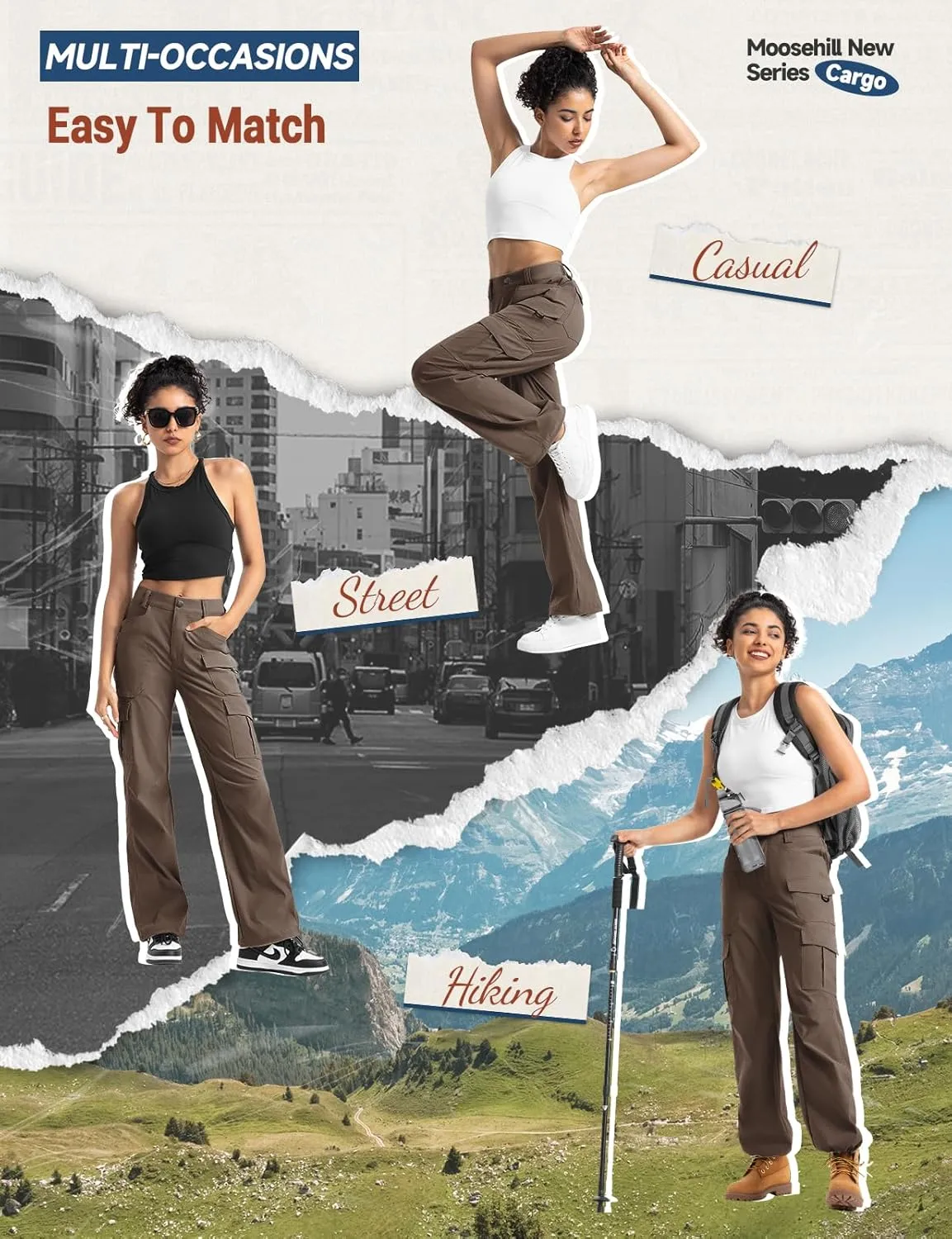 Moosehill Women's-Cargo-Hiking-Pants-High-Waisted Wide Leg Water Resistance Lightweight Stretch for Work Casual Outdoor