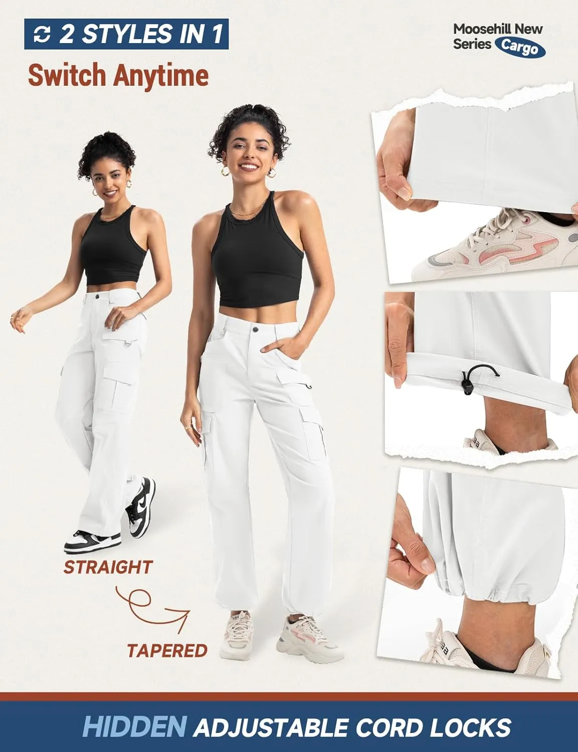 Moosehill Women's-Cargo-Hiking-Pants-High-Waisted Wide Leg Water Resistance Lightweight Stretch for Work Casual Outdoor