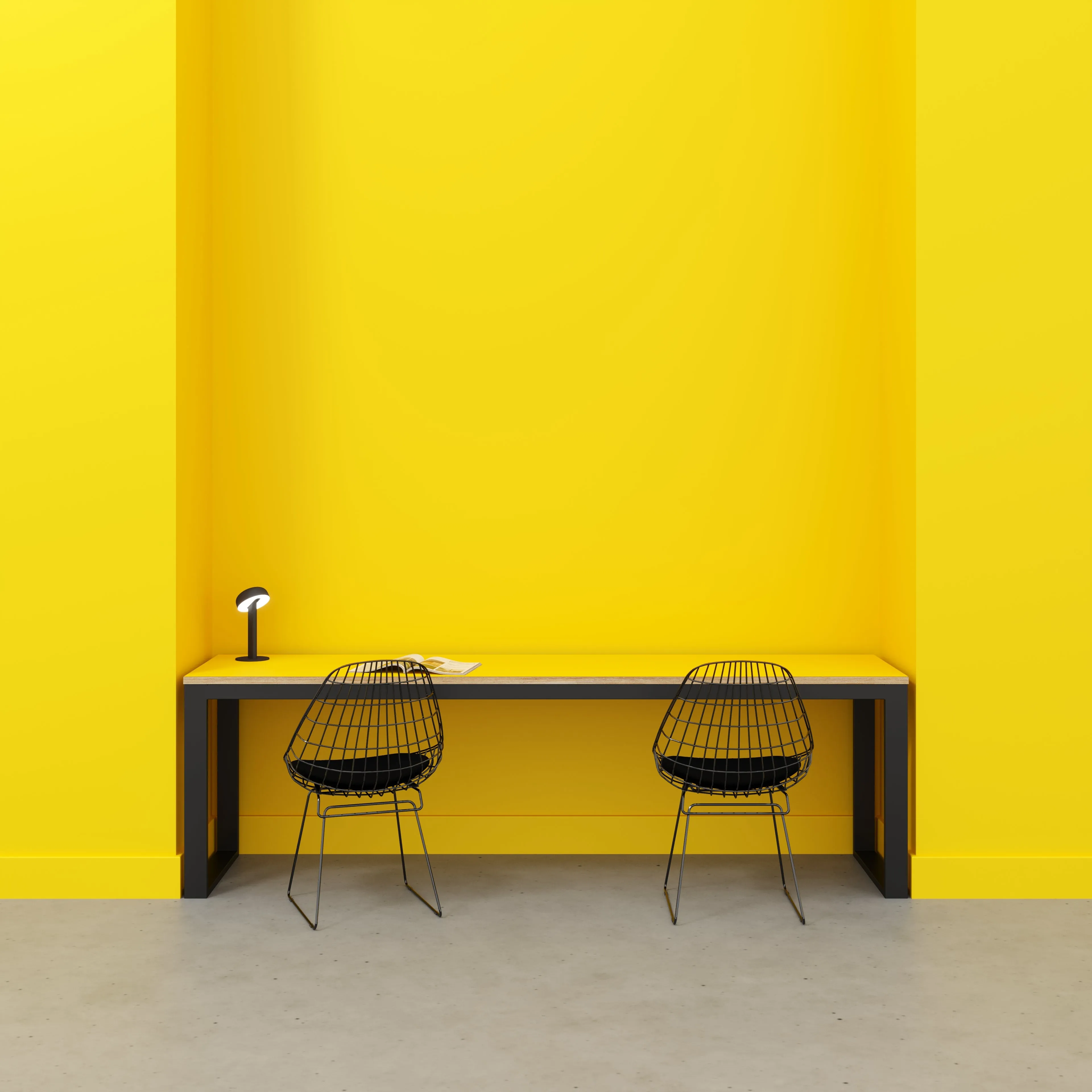 Plywood Desk with Black Industrial Frame - Formica Chrome Yellow - 2400(w) x 585(d) x 735(h)
