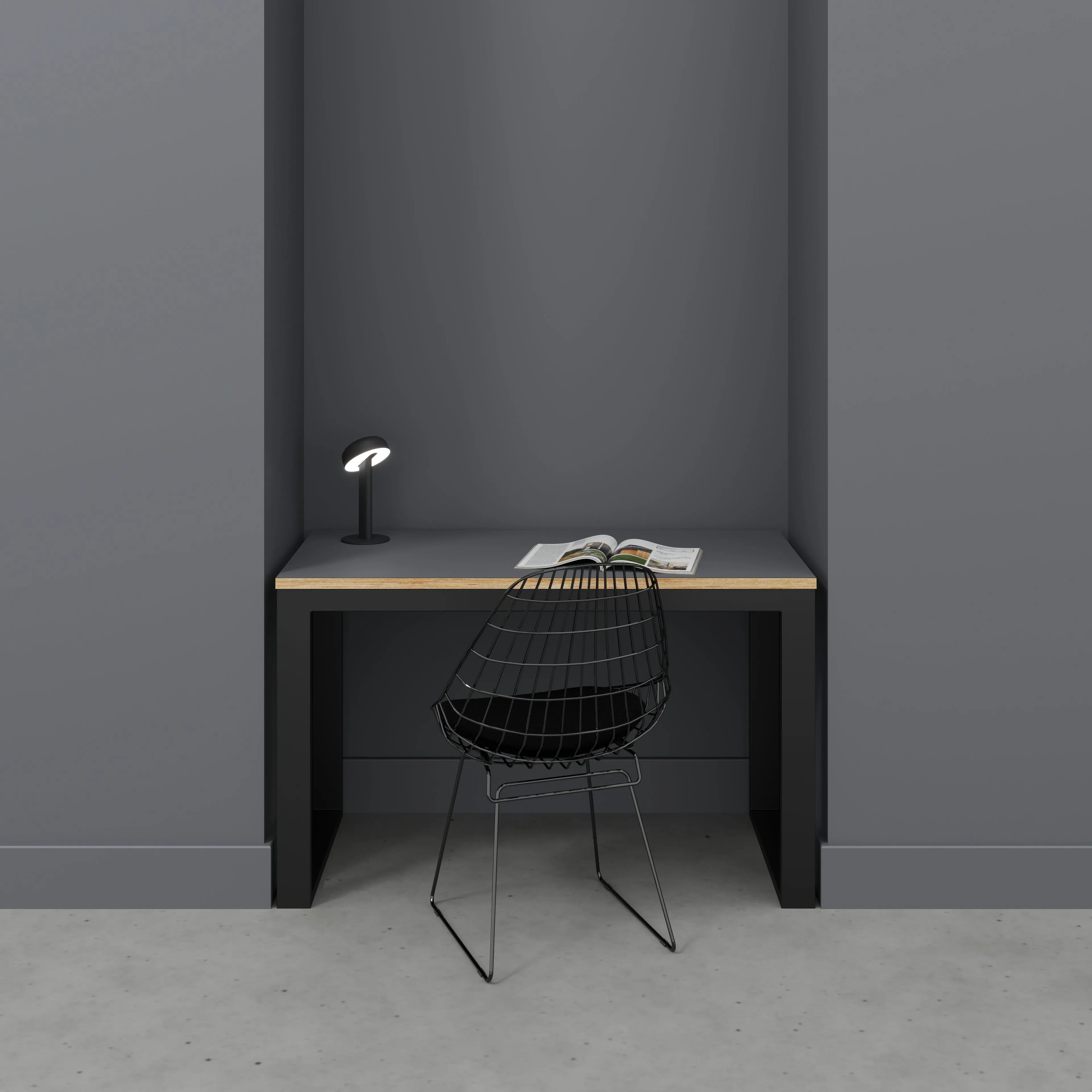 Plywood Desk with Black Industrial Frame - Formica Tornado Grey - 1200(w) x 585(d) x 735(h)