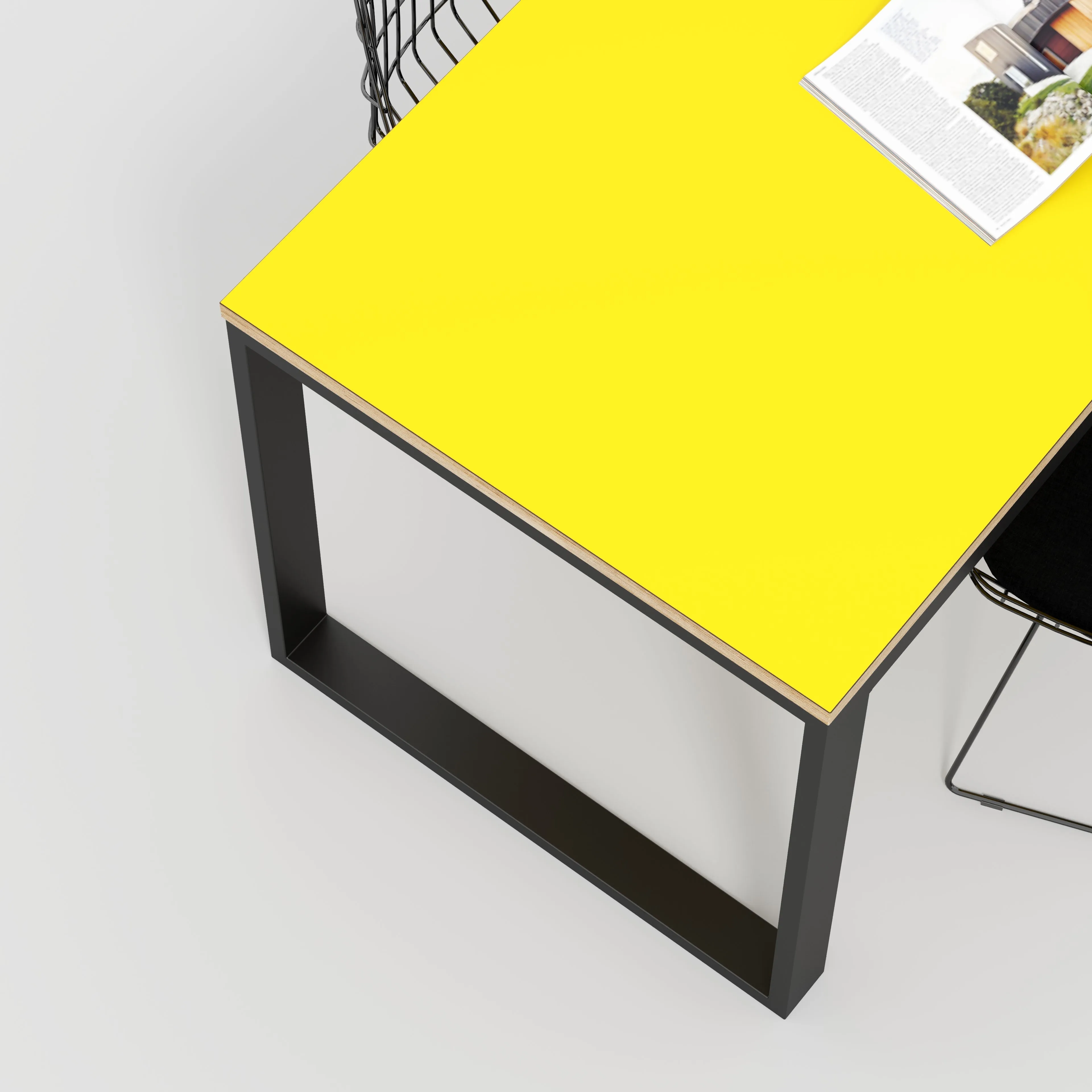 Plywood Table with Black Industrial Frame - Formica Chrome Yellow - 1500(w) x 745(d) x 735(h)