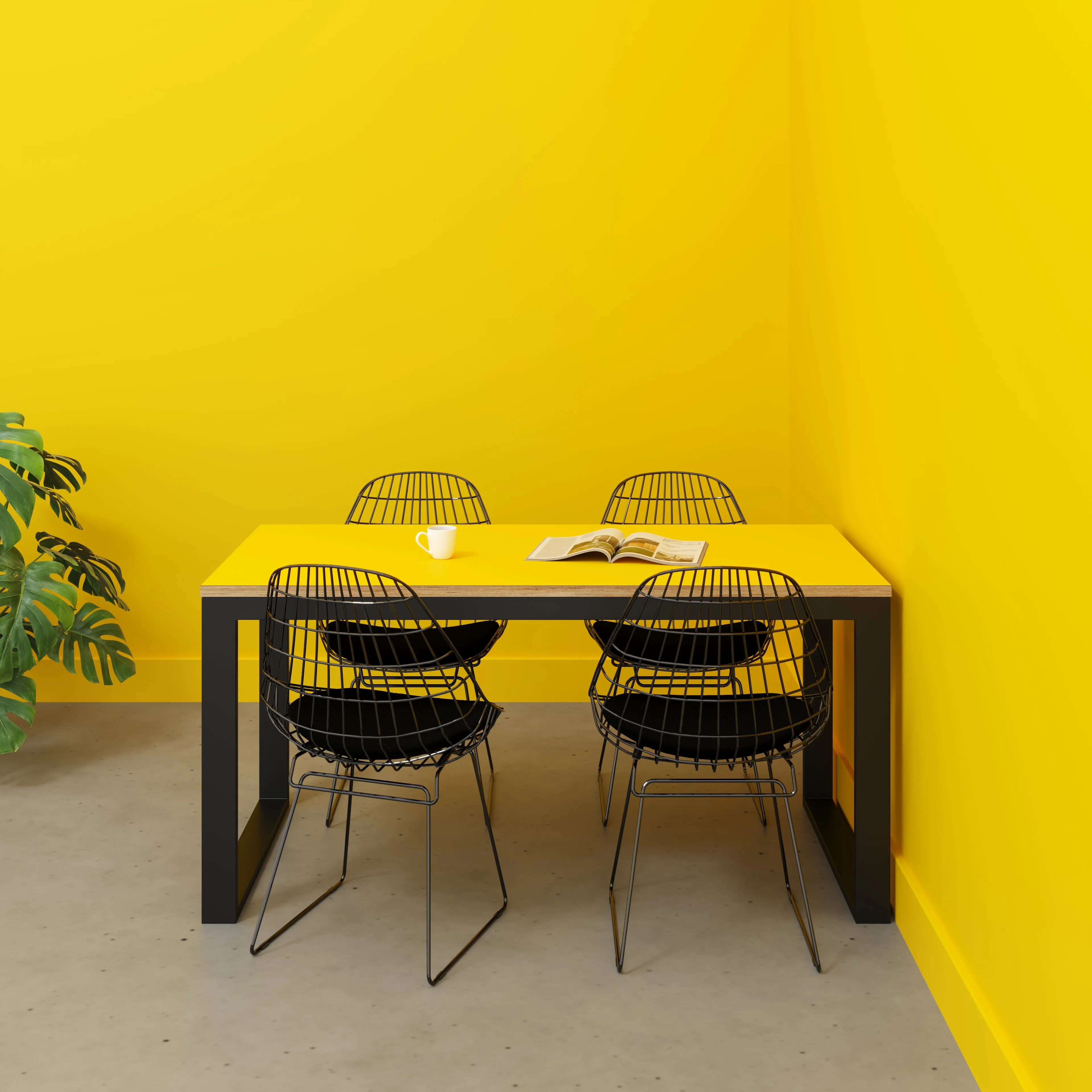 Plywood Table with Black Industrial Frame - Formica Chrome Yellow - 1500(w) x 745(d) x 735(h)