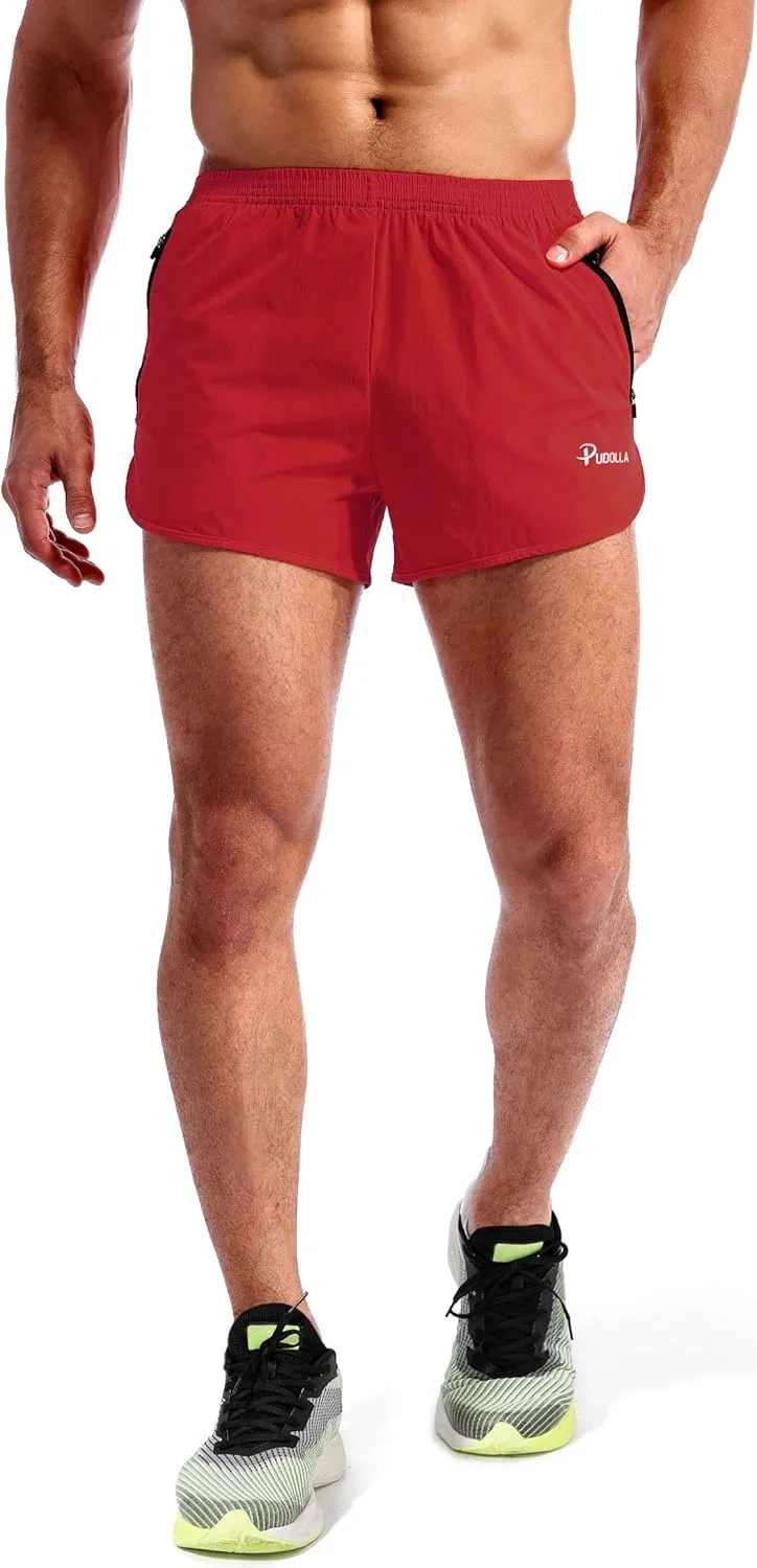 Pudolla Men??s Running Shorts 3 Inch Quick Dry Gym Athletic Workout Shorts for Men with Zipper Pockets