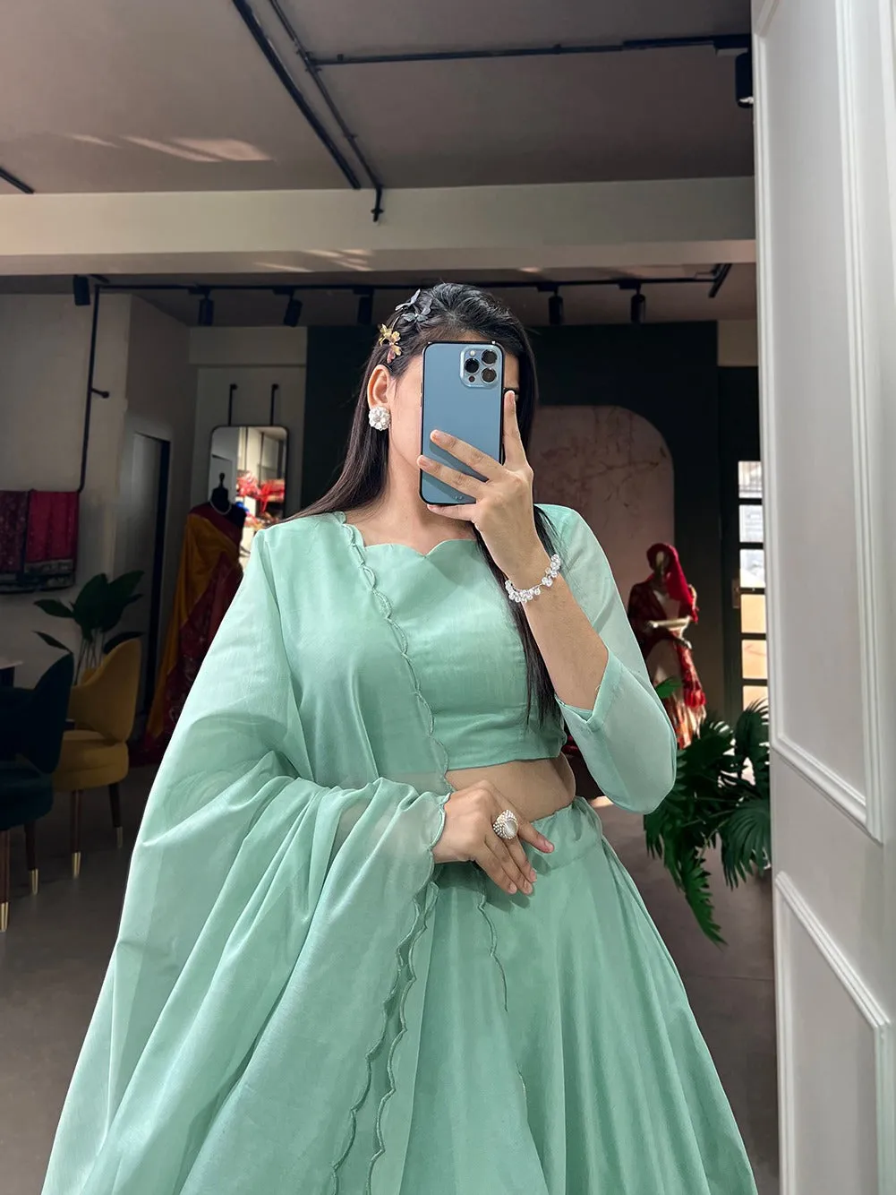 Sea Green Simple & Elegant Rajwadi Chanderi Lehenga Choli