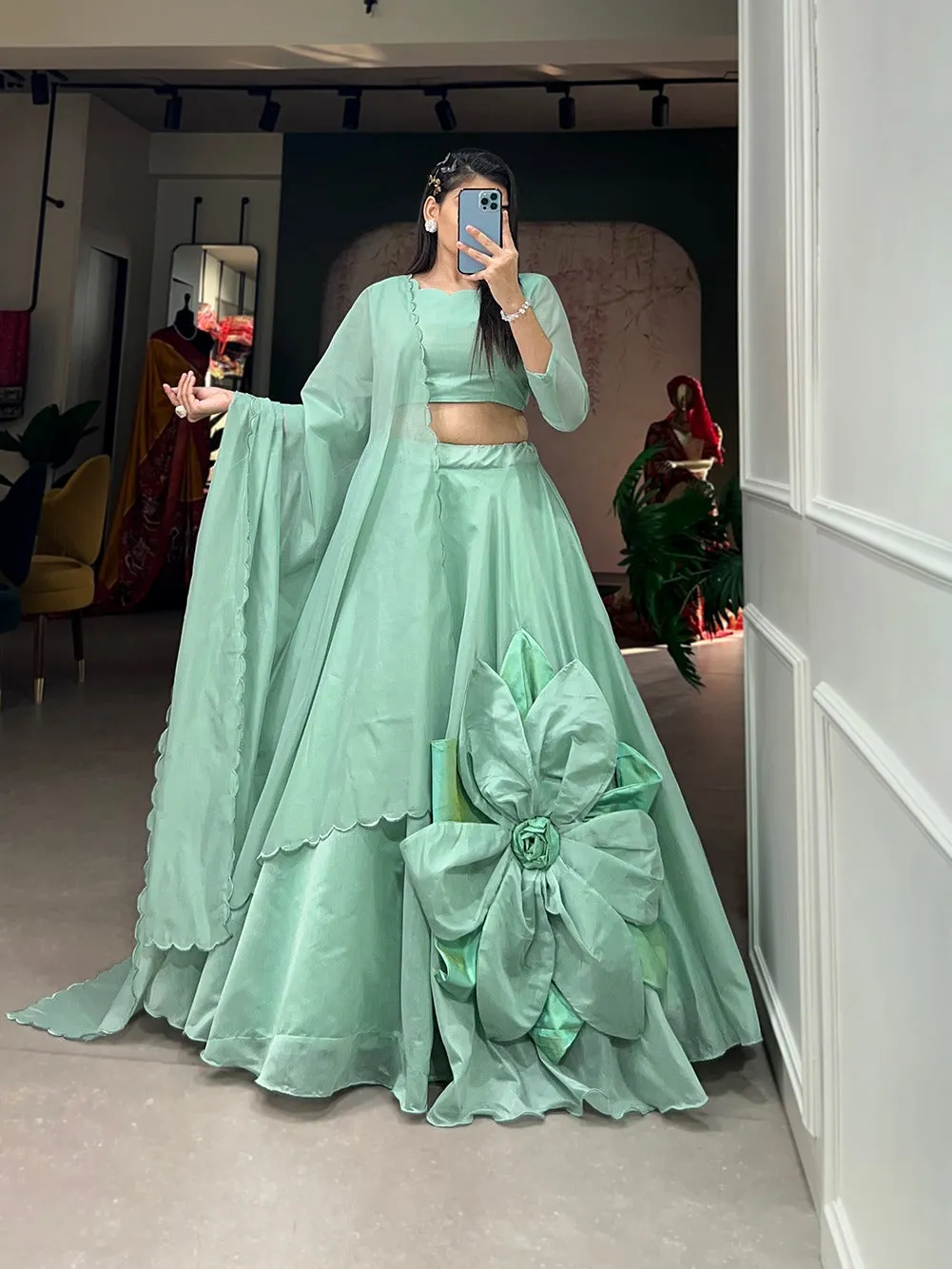 Sea Green Simple & Elegant Rajwadi Chanderi Lehenga Choli