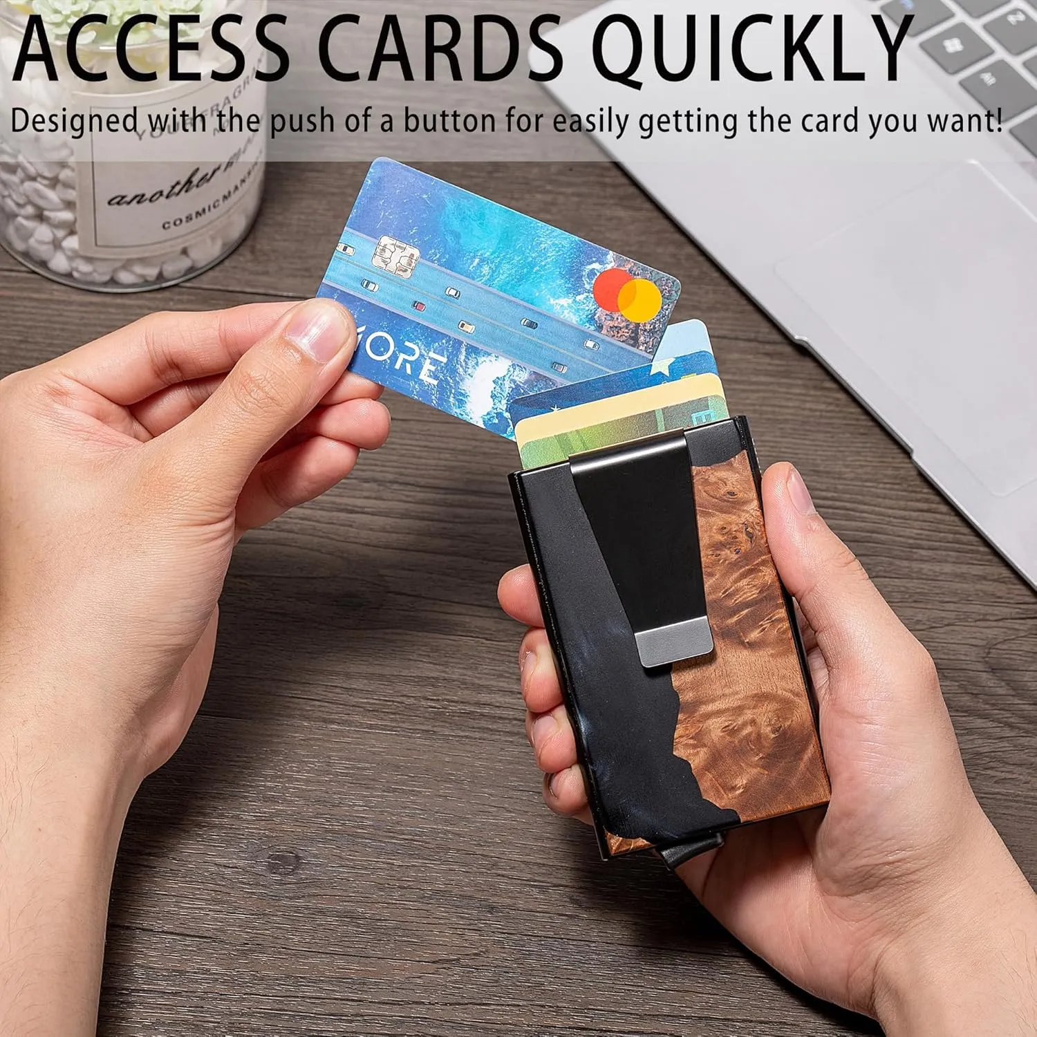 Slim Wallet for Men,RFID Blocking Pop up Card Holder Minimalist Business Credit Card Wallet with Money Pocket & Money Clip Metal Card Case(Resin Black)