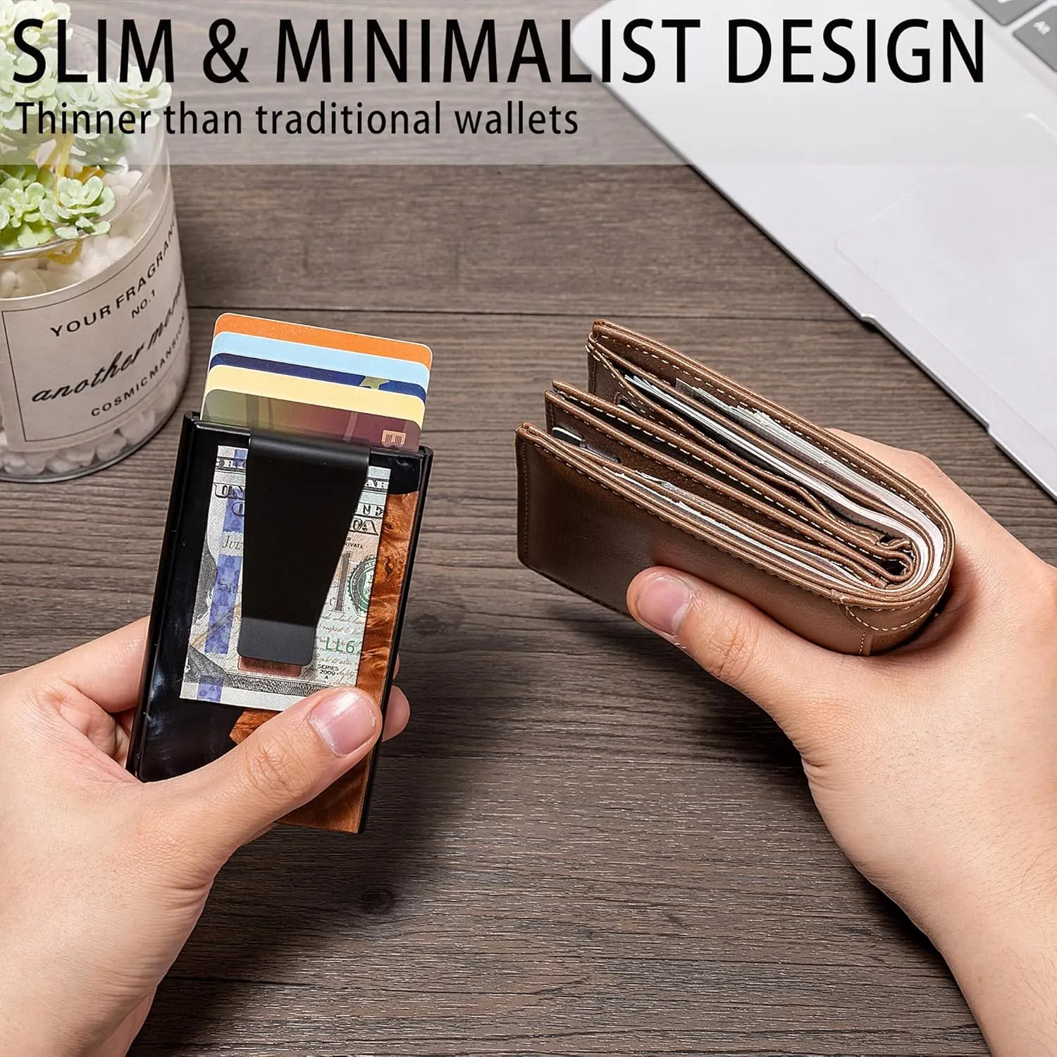 Slim Wallet for Men,RFID Blocking Pop up Card Holder Minimalist Business Credit Card Wallet with Money Pocket & Money Clip Metal Card Case(Resin Black)