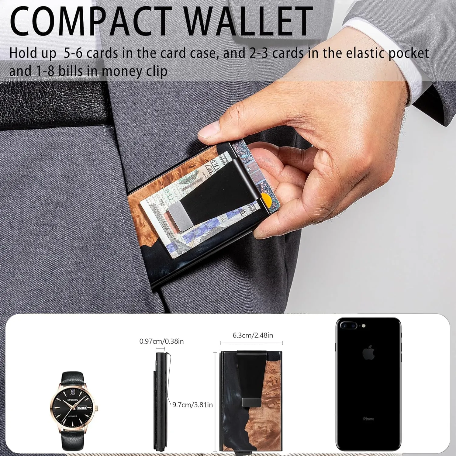 Slim Wallet for Men,RFID Blocking Pop up Card Holder Minimalist Business Credit Card Wallet with Money Pocket & Money Clip Metal Card Case(Resin Black)