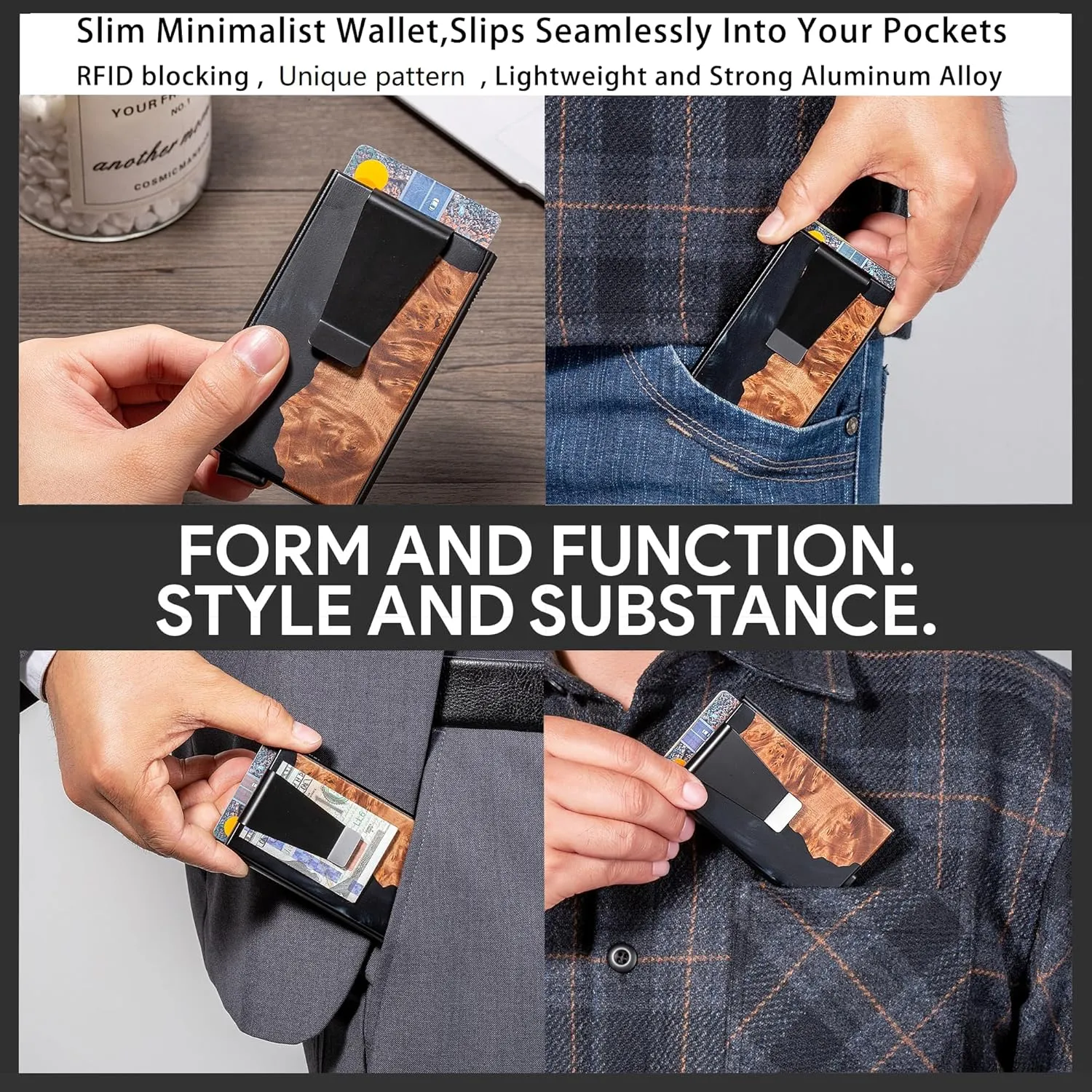 Slim Wallet for Men,RFID Blocking Pop up Card Holder Minimalist Business Credit Card Wallet with Money Pocket & Money Clip Metal Card Case(Resin Black)