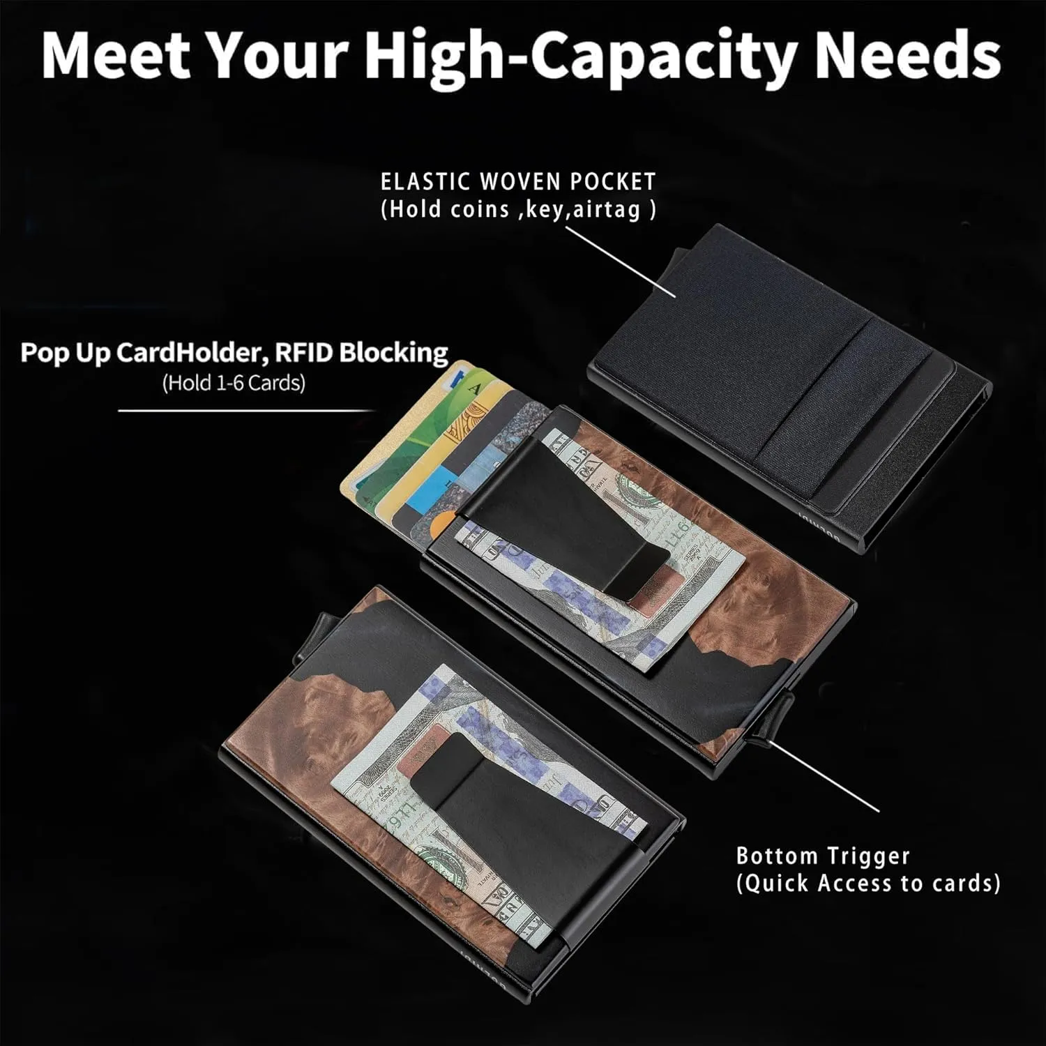 Slim Wallet for Men,RFID Blocking Pop up Card Holder Minimalist Business Credit Card Wallet with Money Pocket & Money Clip Metal Card Case(Resin Black)