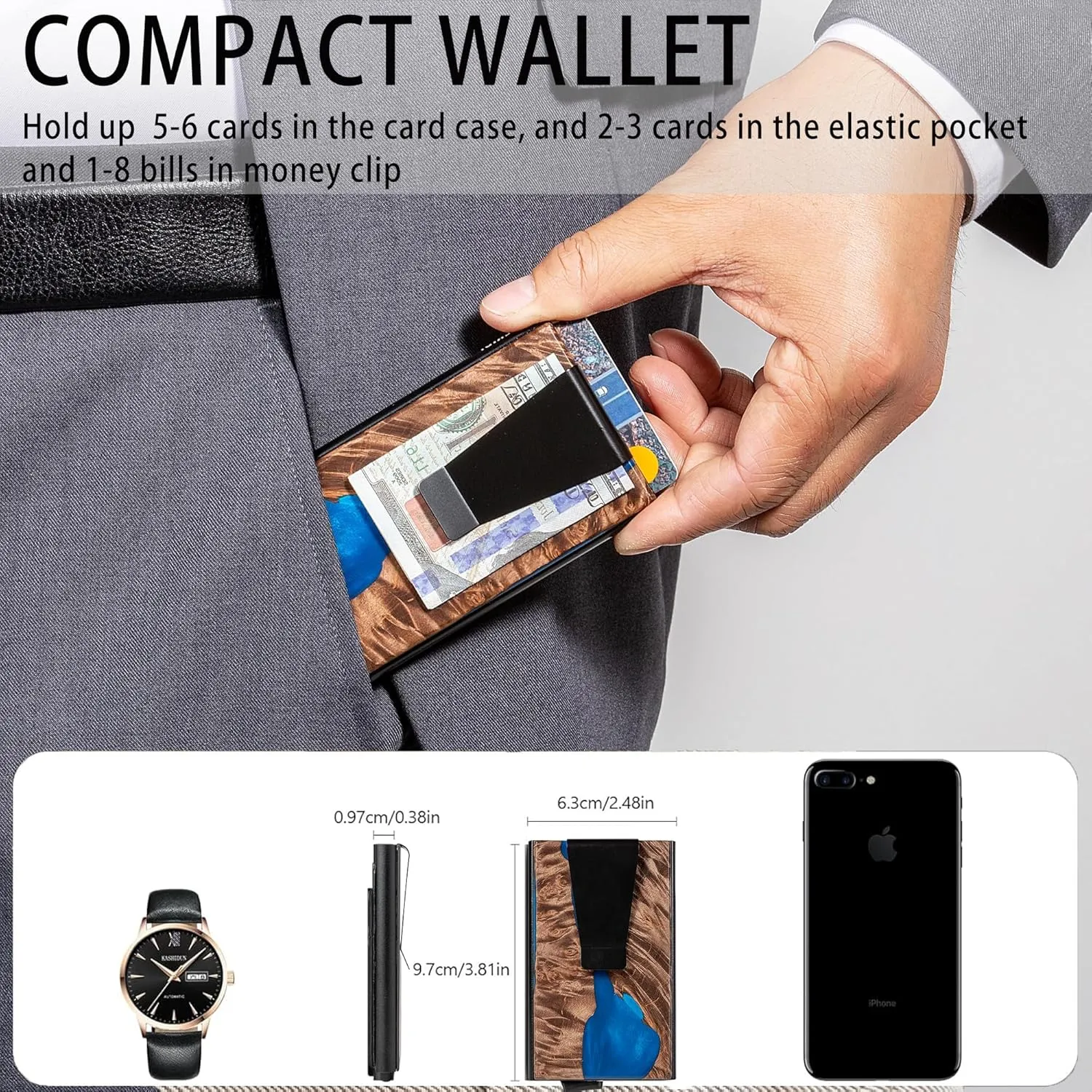 Slim Wallet for Men,RFID Blocking Pop up Card Holder Minimalist Business Credit Card Wallet with Money Pocket & Money Clip Metal Card Case(Resin Dark Blue)