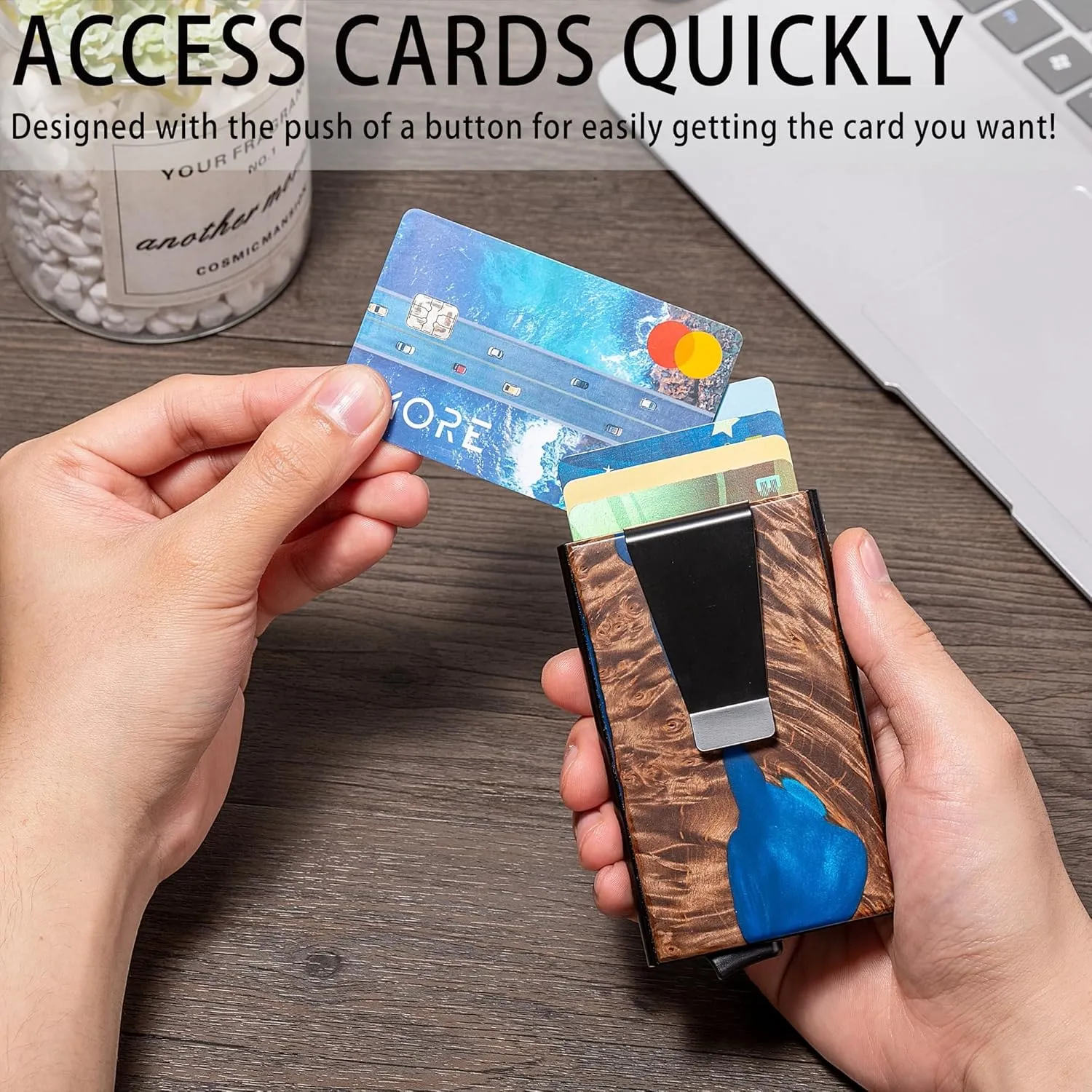 Slim Wallet for Men,RFID Blocking Pop up Card Holder Minimalist Business Credit Card Wallet with Money Pocket & Money Clip Metal Card Case(Resin Dark Blue)