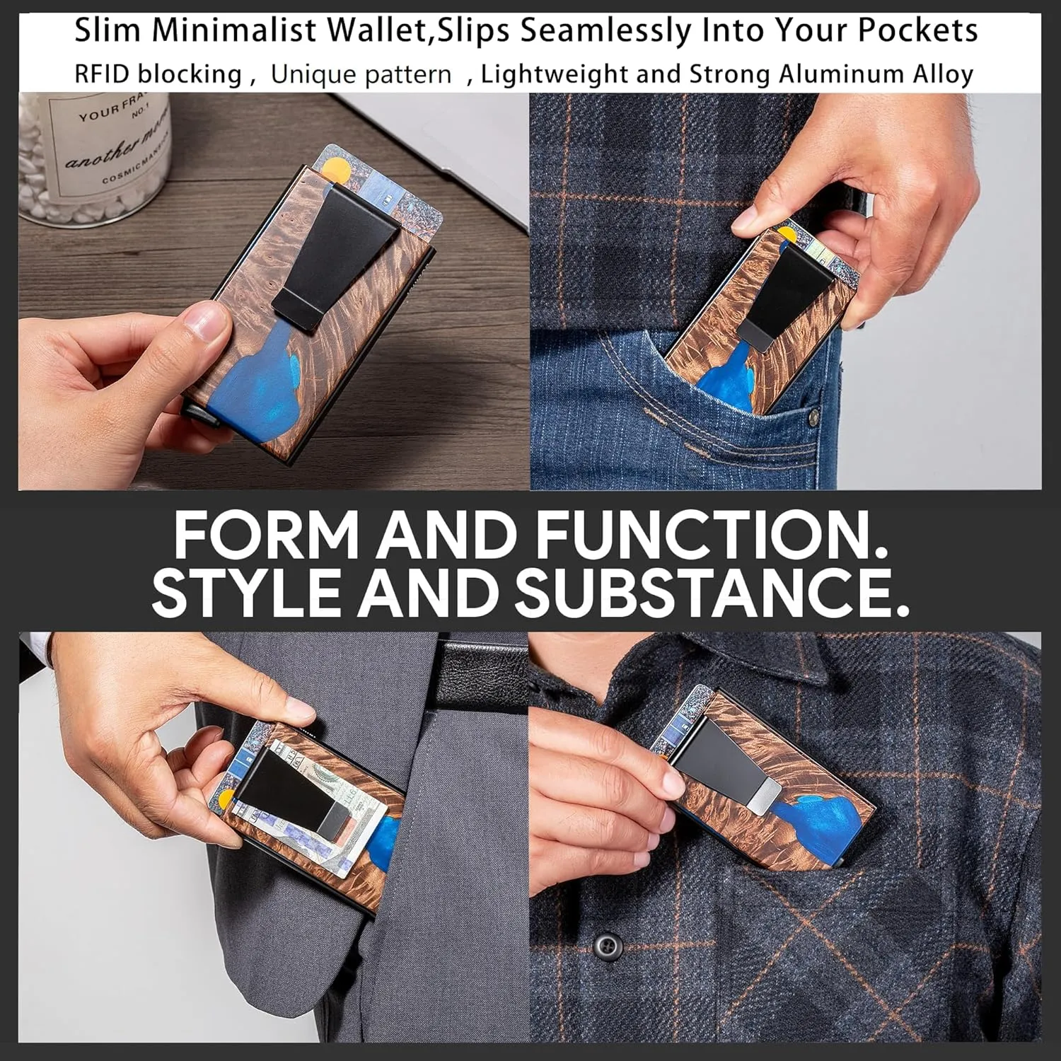 Slim Wallet for Men,RFID Blocking Pop up Card Holder Minimalist Business Credit Card Wallet with Money Pocket & Money Clip Metal Card Case(Resin Dark Blue)