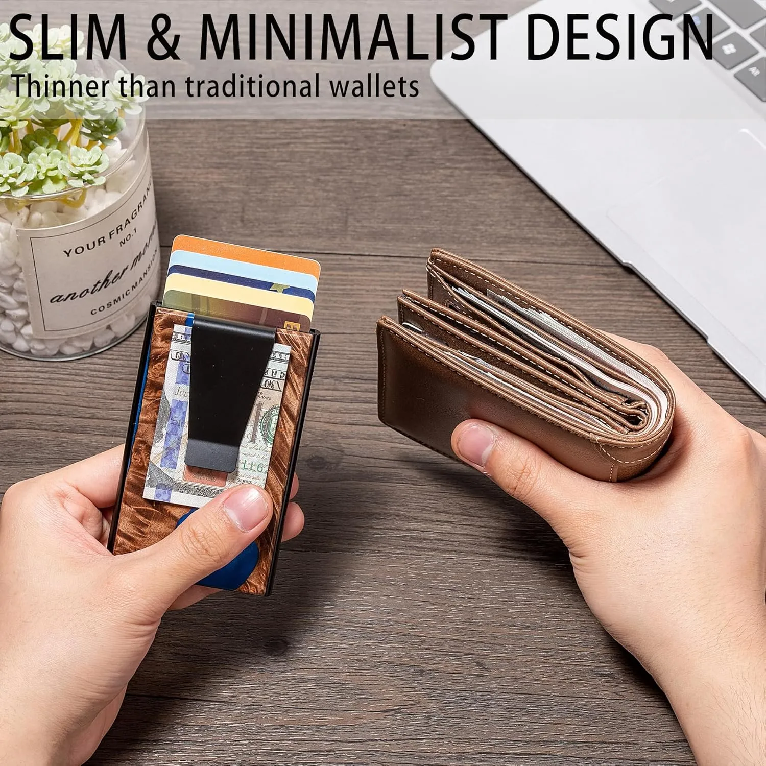 Slim Wallet for Men,RFID Blocking Pop up Card Holder Minimalist Business Credit Card Wallet with Money Pocket & Money Clip Metal Card Case(Resin Dark Blue)