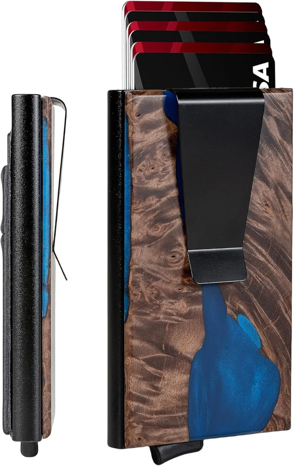 Slim Wallet for Men,RFID Blocking Pop up Card Holder Minimalist Business Credit Card Wallet with Money Pocket & Money Clip Metal Card Case(Resin Dark Blue)