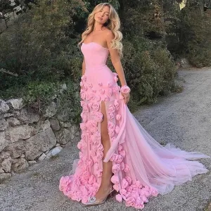 TAVIMART  -  Said Dubai Elegant Pink Flowers Evening Dresses for Women 2024 Wedding Formal Long Side Slit Girls' Party Dress SF009
