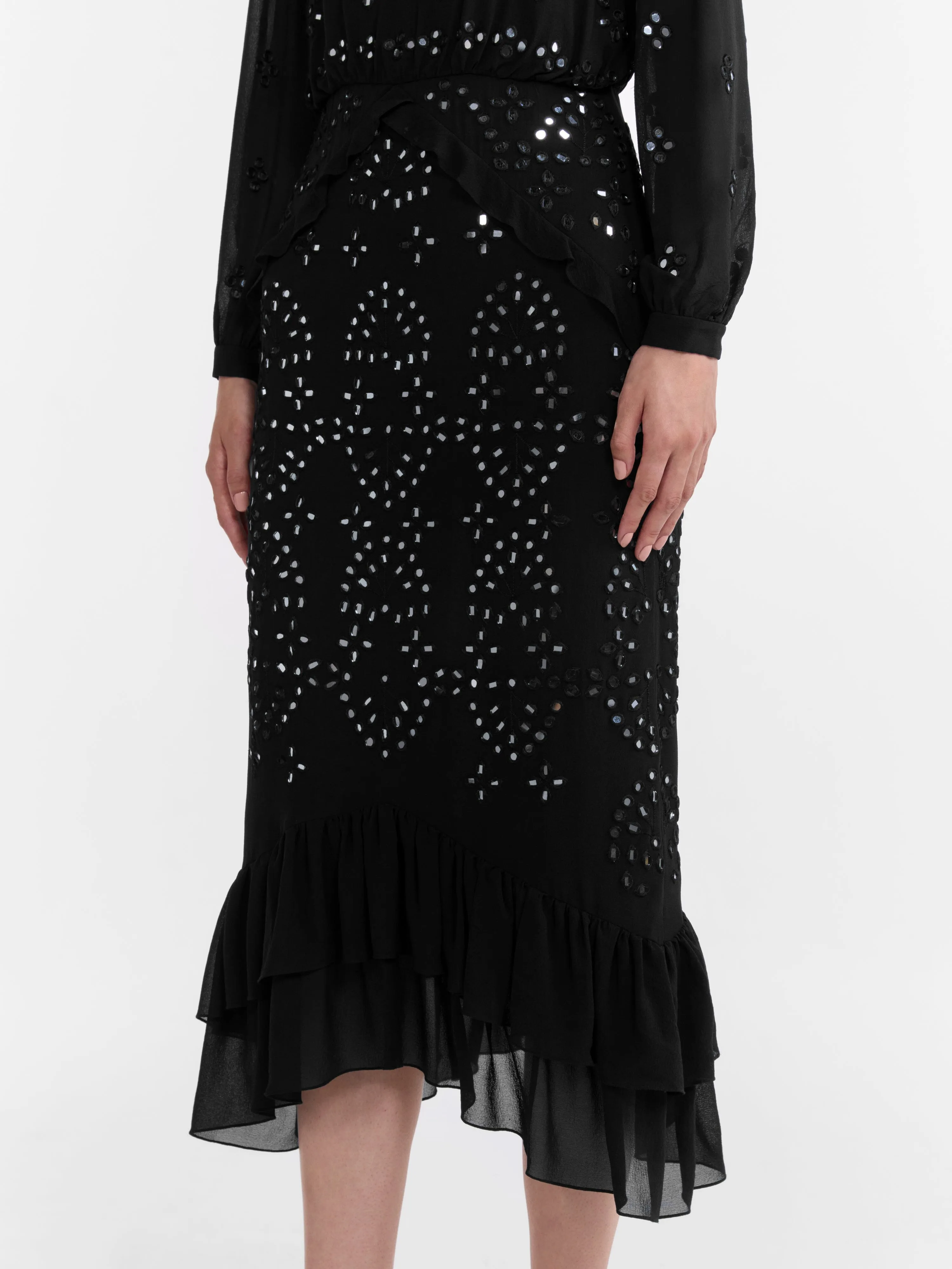 Venyx Isa Silk B Dress in Black Mirror Embroidery