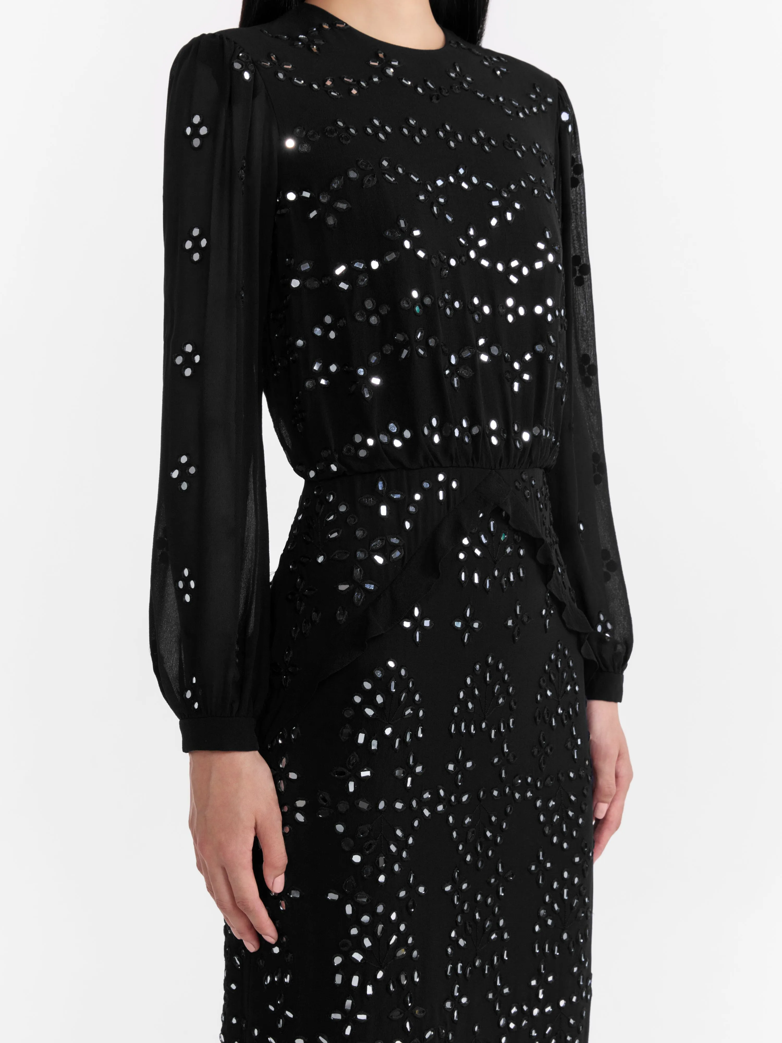 Venyx Isa Silk B Dress in Black Mirror Embroidery