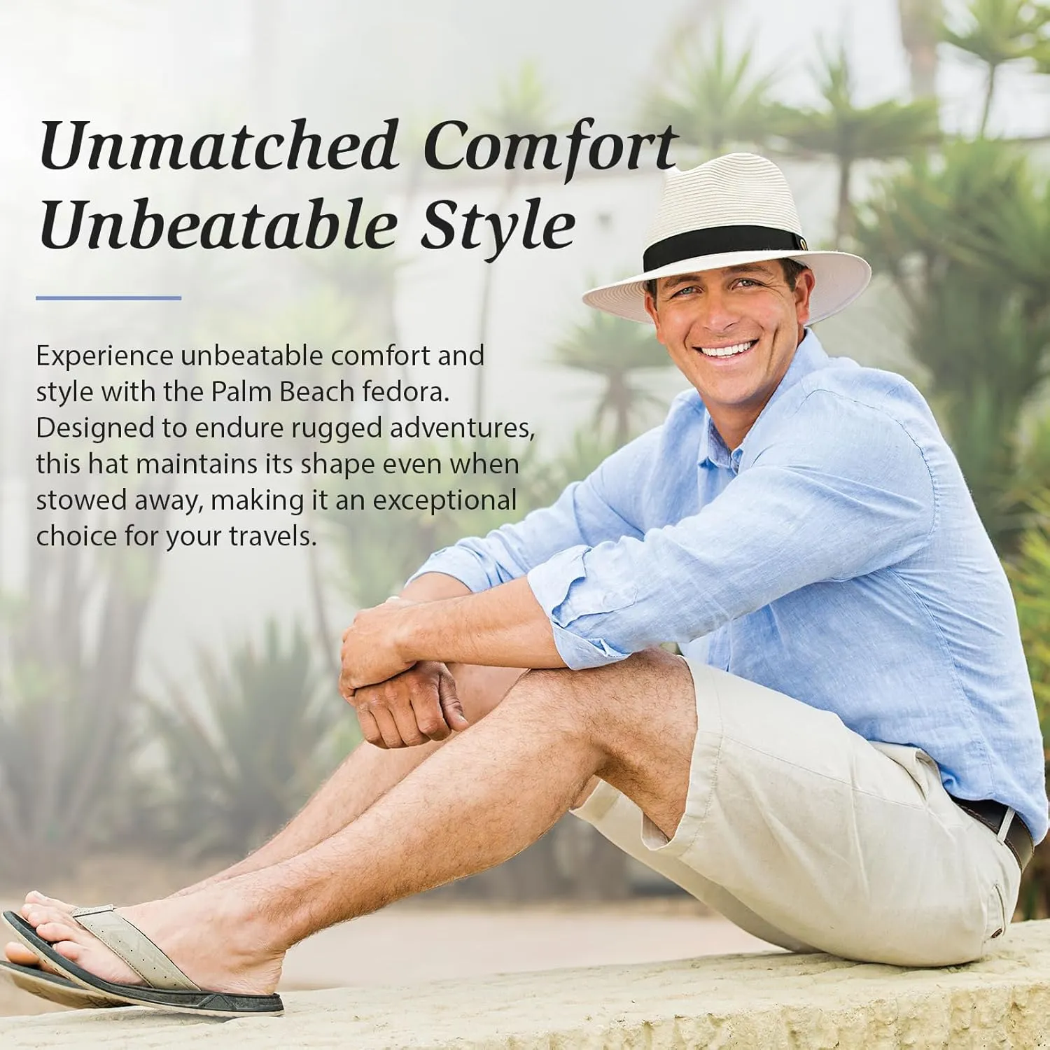 Wallaroo Hat Company Men??s Palm Beach Fedora ?C UPF 50  UV Sun Protection, Wide Brim Sun Hat, Packable Design, Adjustable Size