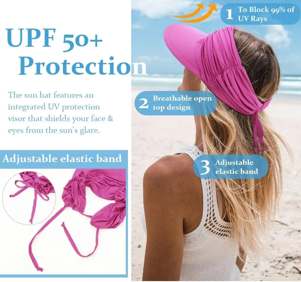 Women Visor Sun Hat Adjustable Foldable Wide Brim Sun Hats Summer UPF 50  UV Protection Visor Cap for Outdoor Beach