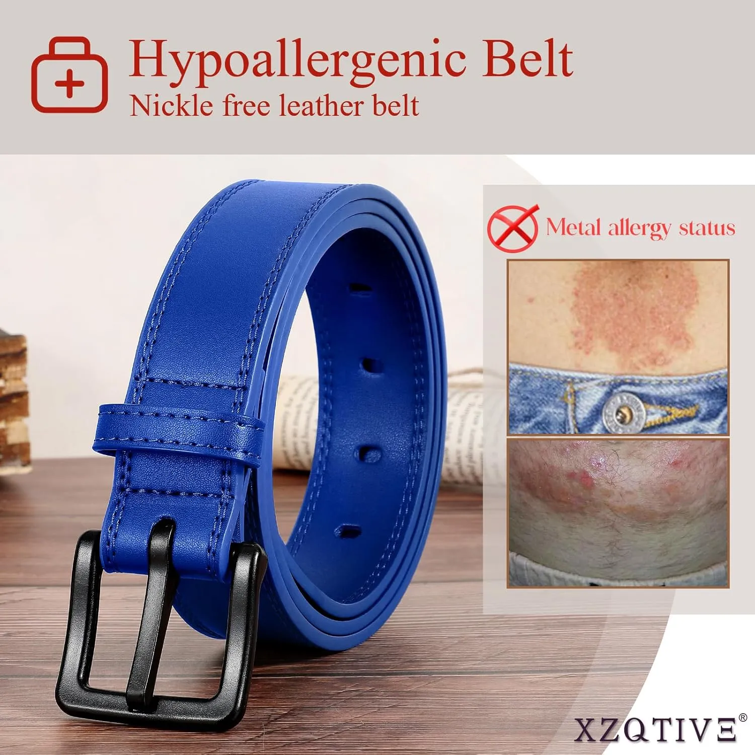 XZQTIVE Men??s Metal Free Belt Hypoallergenic Leather Belts For Jeans Dress Nickle Free TSA Belt With Black Buckle